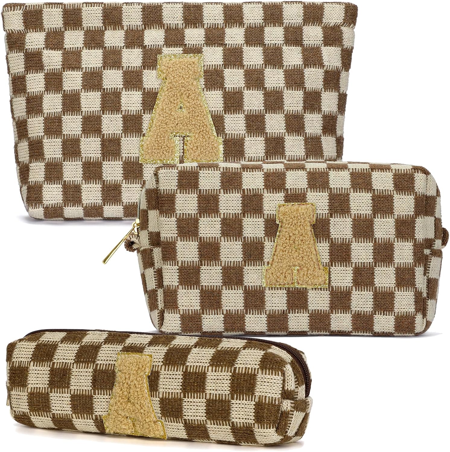Graduation Gifts for Her,3 Pieces Checkered Makeup Bag Personalized Initial Make Up Bag Cute Storage Pouch Travel Toiletry Cosmetic Bag Teacher Birthday Gifts for Women (Brown-A)