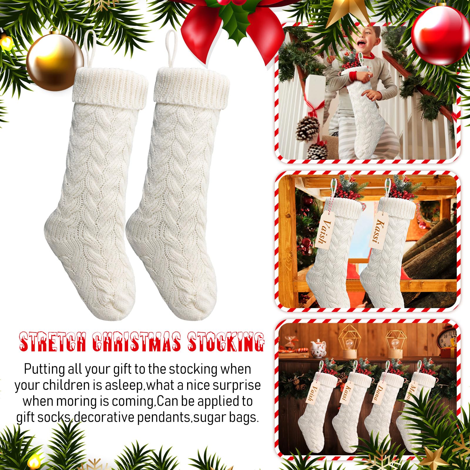 Lot de 2 chaussettes de Noël tricotées en tricot torsadé et étiquettes en bois - Petites pièces vierges avec corde pour décoration de vacances en famille (blanc)