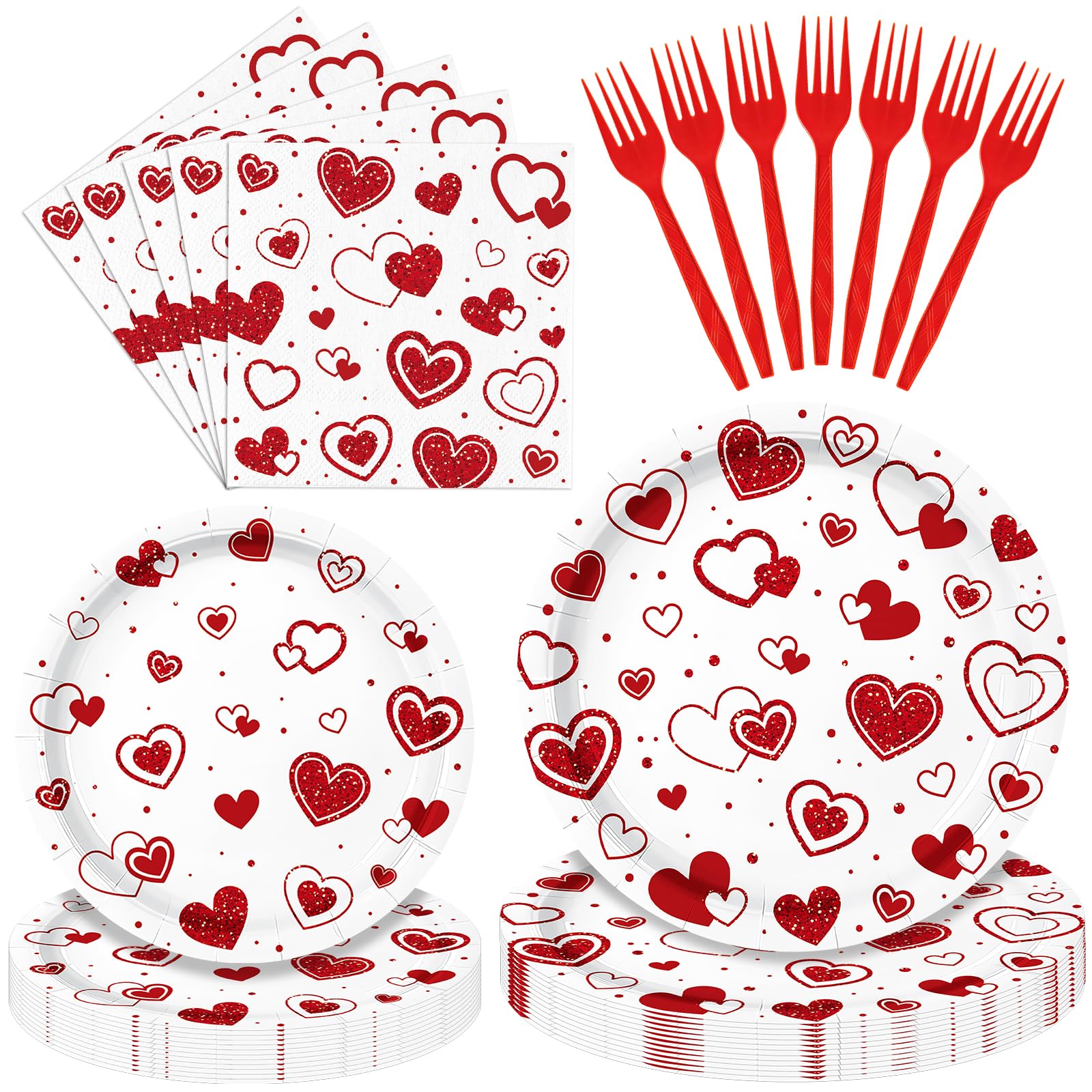 96 Pieces Valentine’s Day Tableware Set – Red Heart Disposable Plates, Napkins, and Forks for Romantic Dinners, Weddings, Anniversaries, and