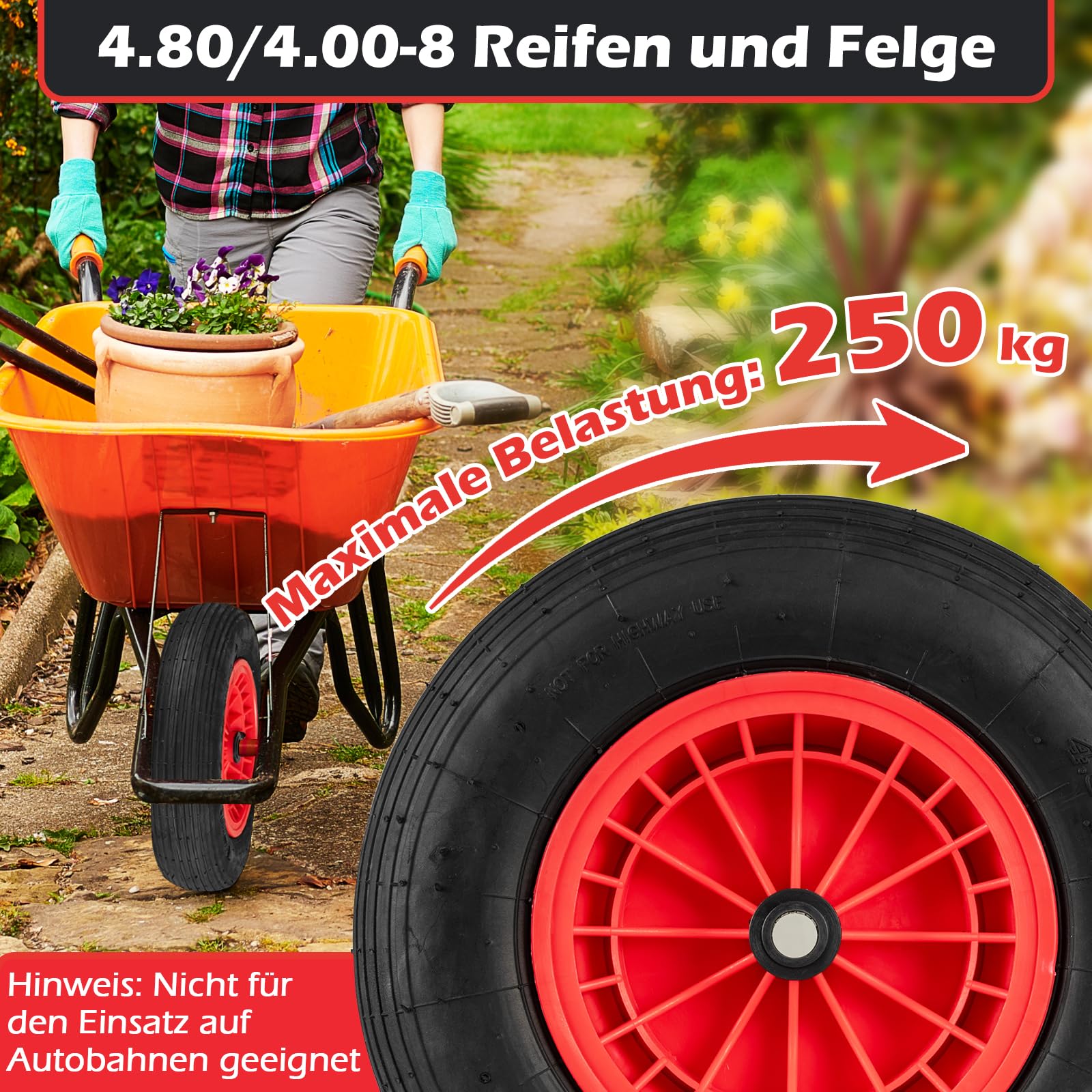 GYMAX 4.80/4.00-8 Ø 400mm Schubkarrenrad, Schubkarrenreifen vollgummi mit 20 mm Achse, zentrierte Nabe 8,8 cm, Geländereifen für Schubkarre, Sackkarre & Transportwagen, max. Traglast 250 kg (2)