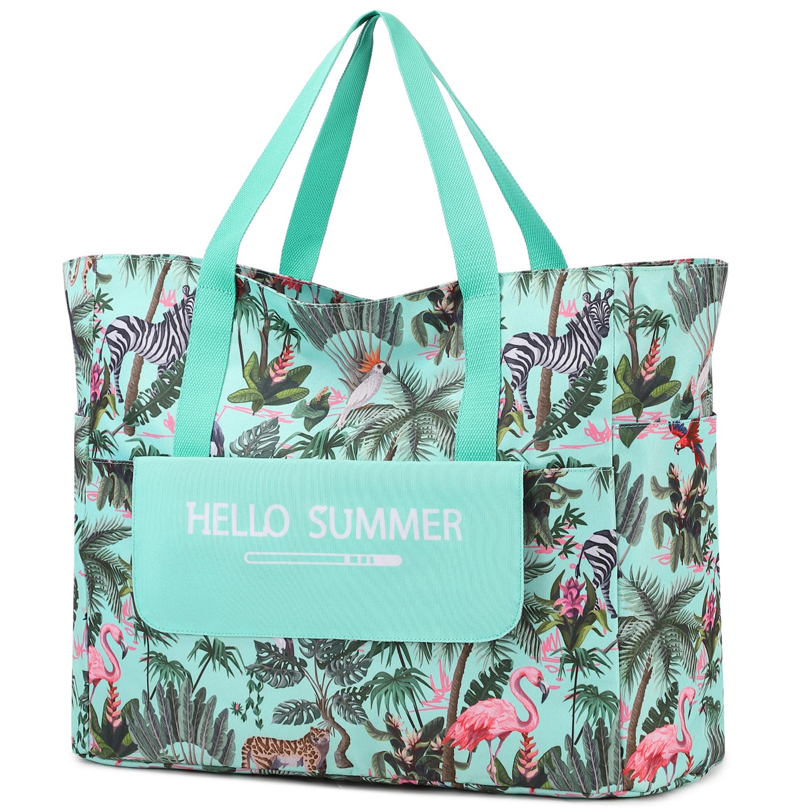 Myhozee Borsa Mare Grande XXL Famiglia, Borsa da Spiaggia Donna Impermeabile con Chiusura Lampo, per Piscina, Gite in Spiaggia, Picnic, Viaggi, Foglia Verde