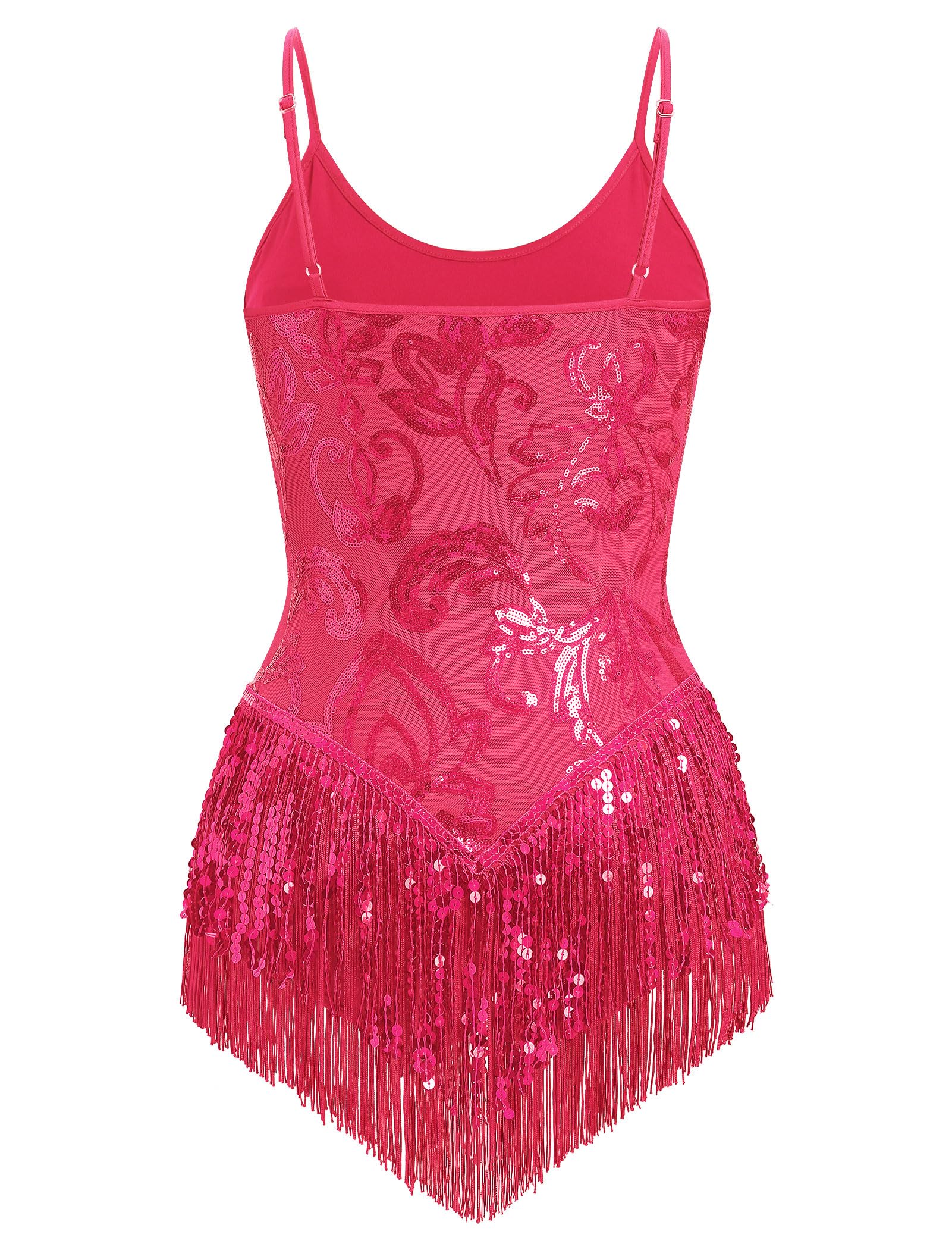 IBAKOM Women Sexy Sequins Fringe Bodysuit Sparkly Tassel Latin Jazz Dance Acrobat Costume Adult Trapeze Artist Rave Outfits: Hot Pink Small
