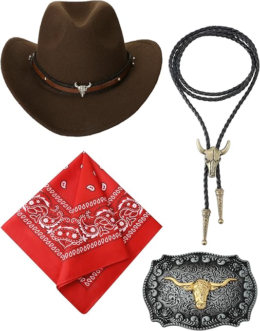 Toulite 4 Pieces Western Cowboy Accessories for Men Western Hat Leather Necktie Necklace Cow Horn Belt Buckle Paisley Bandana for Men Outfits Halloween Cosplay Dress up