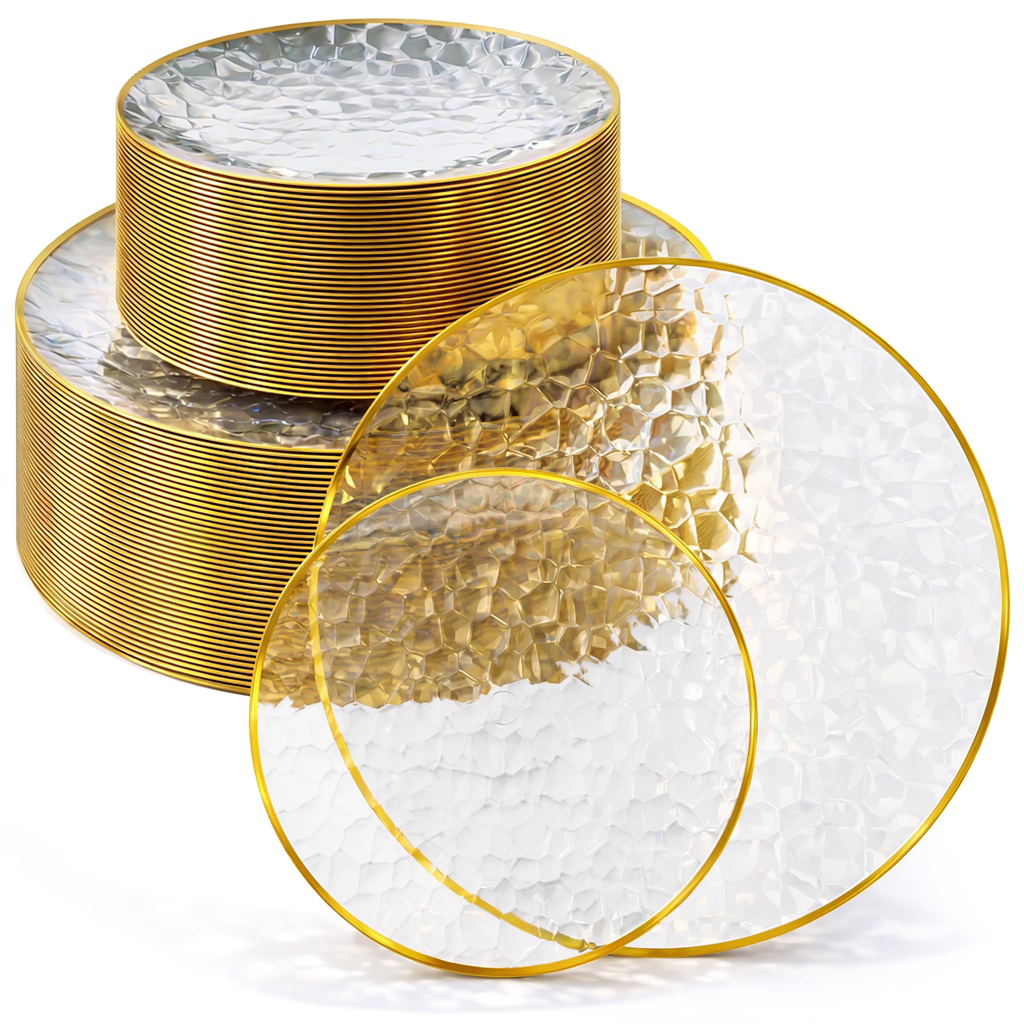 Clear Disposable Plates with Gold Rim (60 Pack) Elegant Hammered Party Plates by Stock Your Home – 60 Pack, Plastic, Clear and Gold, Pack of 60, Model SYH-4500-QV-2CT
