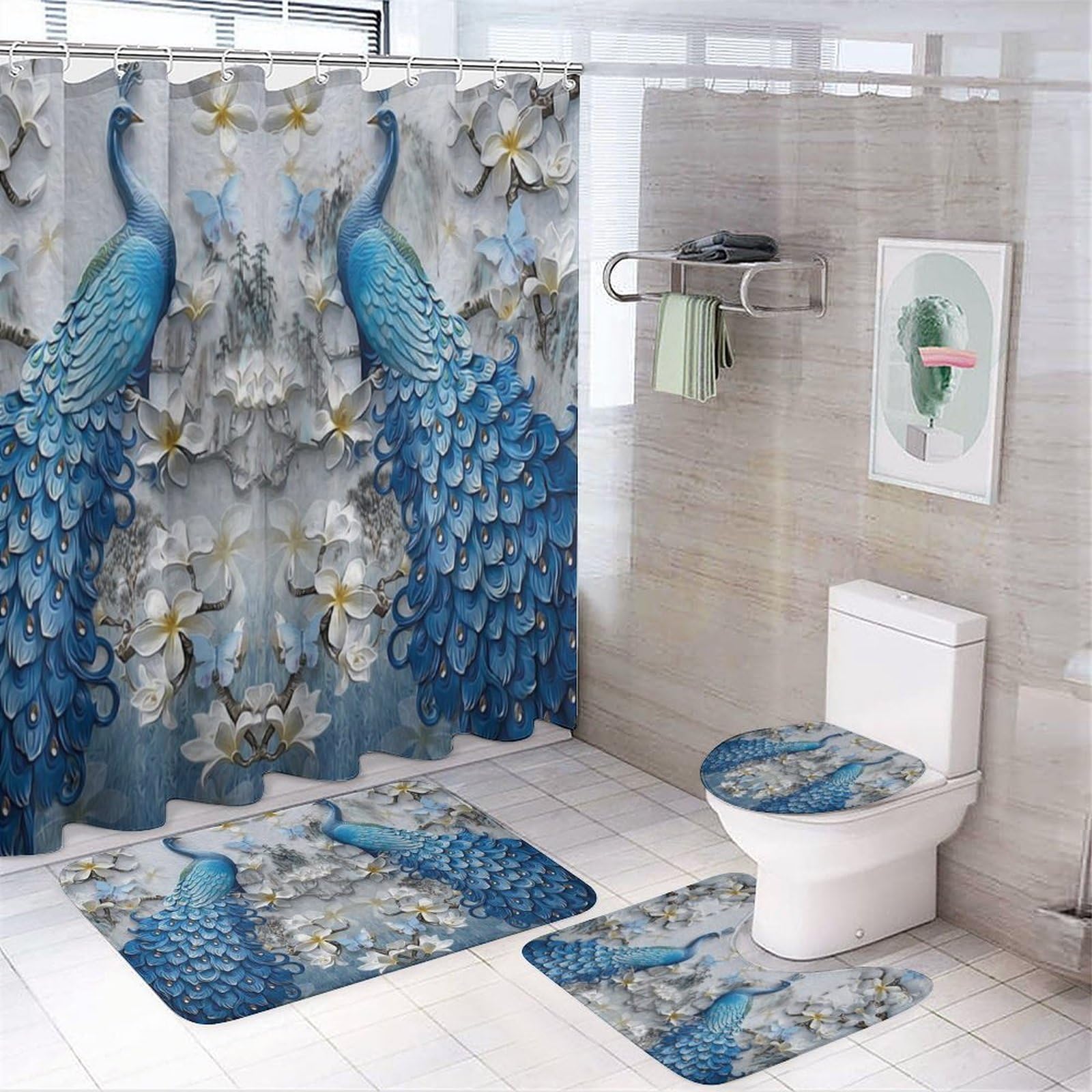 Coalho Abstract Colorful Peacock 4 Pcs Waterproof Shower Curtain Set Beautiful Flower Peacock Blue Feathers With Waterproof Toilet Cover Shower Mat Rugs,183X183cm
