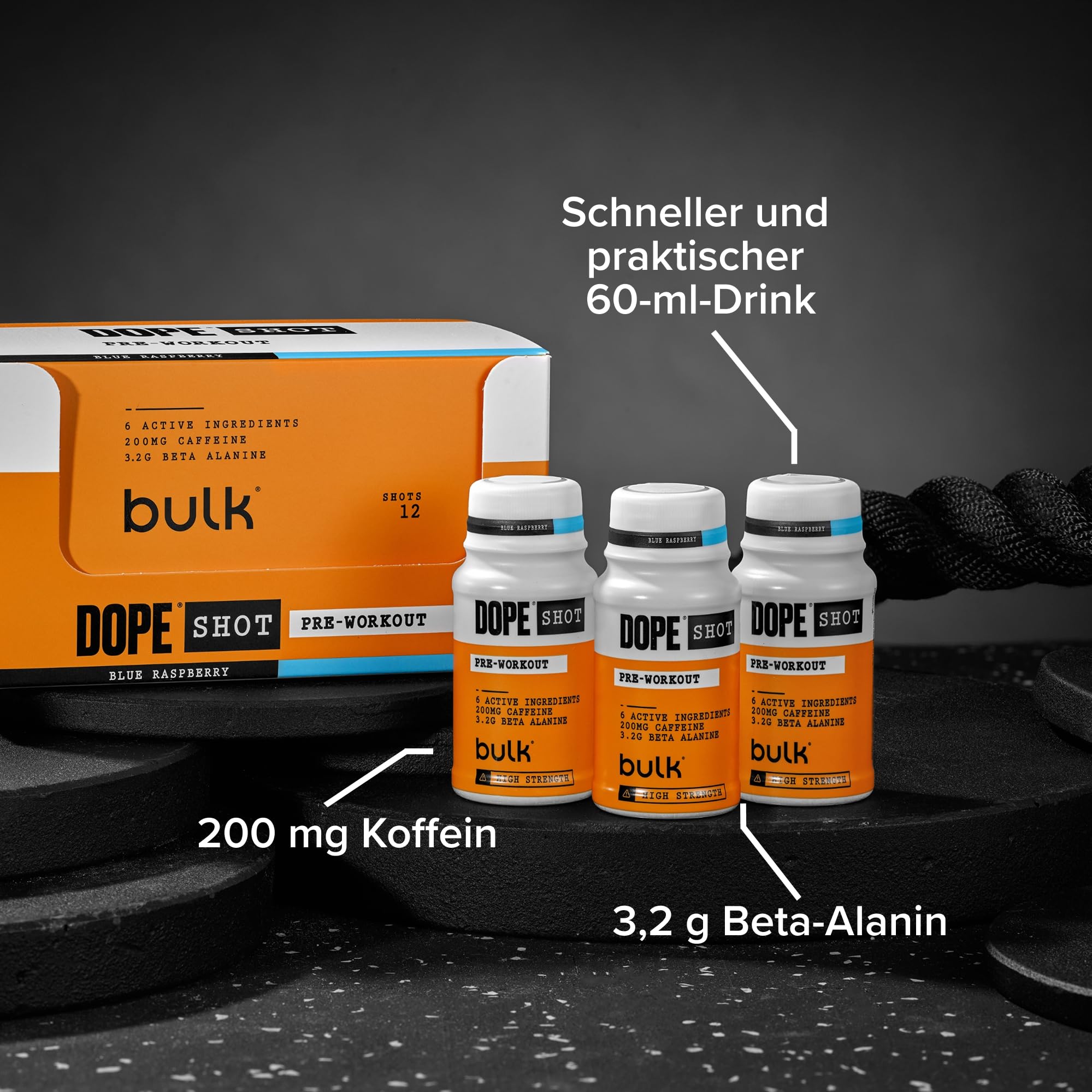 Bulk Dope Shots Pre-Workout Drink | Blue Raspberry | 12 x 60ml Trinkfläschchen für unterwegs | Hochdosiertes 200mg Koffein & 3,2g Beta-Alanin | Unterstützt Energie & Fokus fürs Fitnessstudio