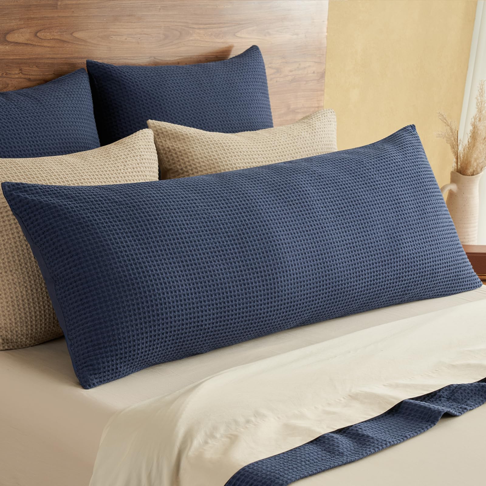 phf 100% cotton waffle body pillowcase with zipper, 1 pack 20" x 54" soft skin-friendly and breathable pillow sham, no filling, aesthetic woven waffle weave body pillow cover for bed, dark navy