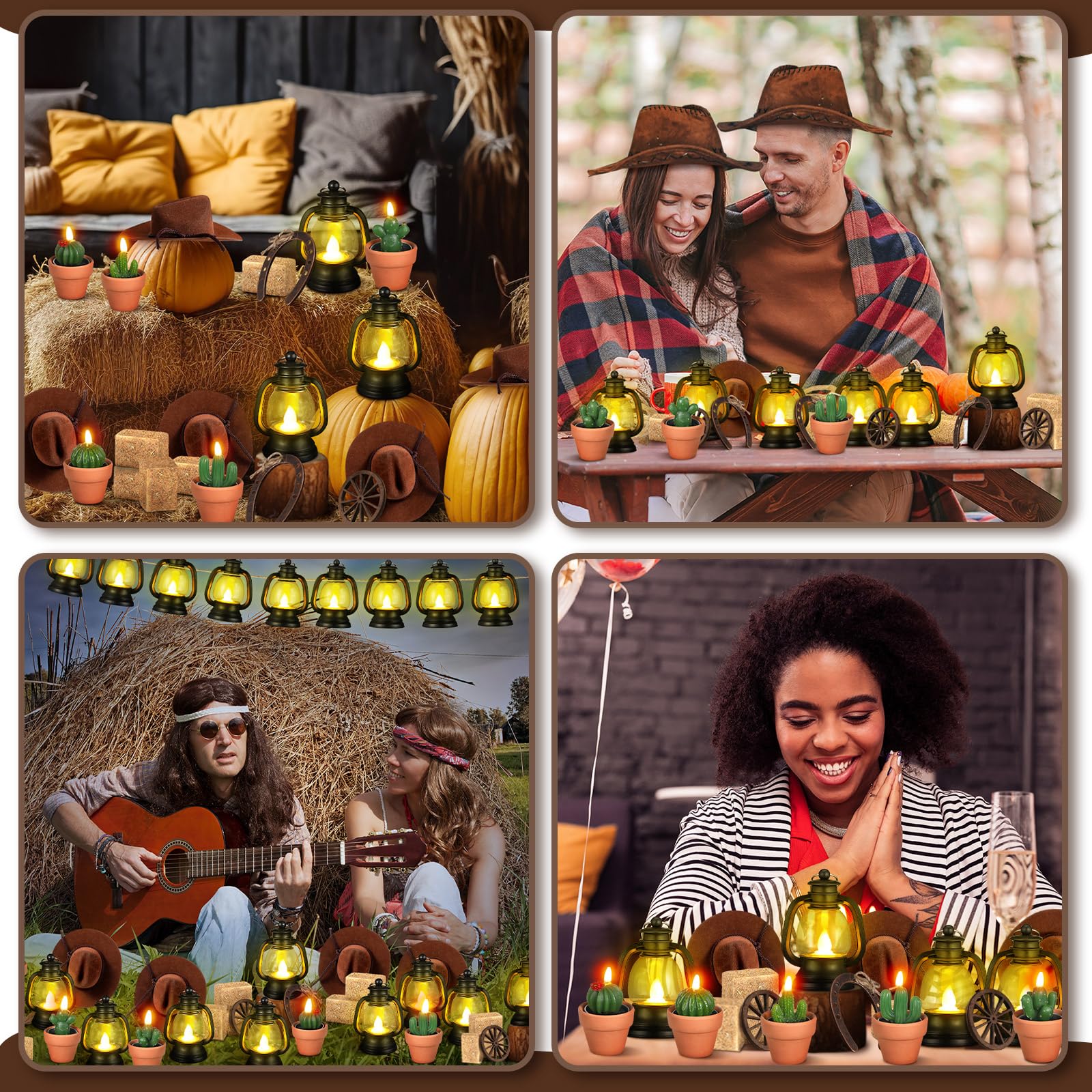 Ferraycle 128 pezzi decorazione per feste a tema occidentale centrotavola mini cappelli da cowboy lanterna con candela LED, lumini cactus, ferro di cavallo, ruota di carro, balle di fieno, corda per
