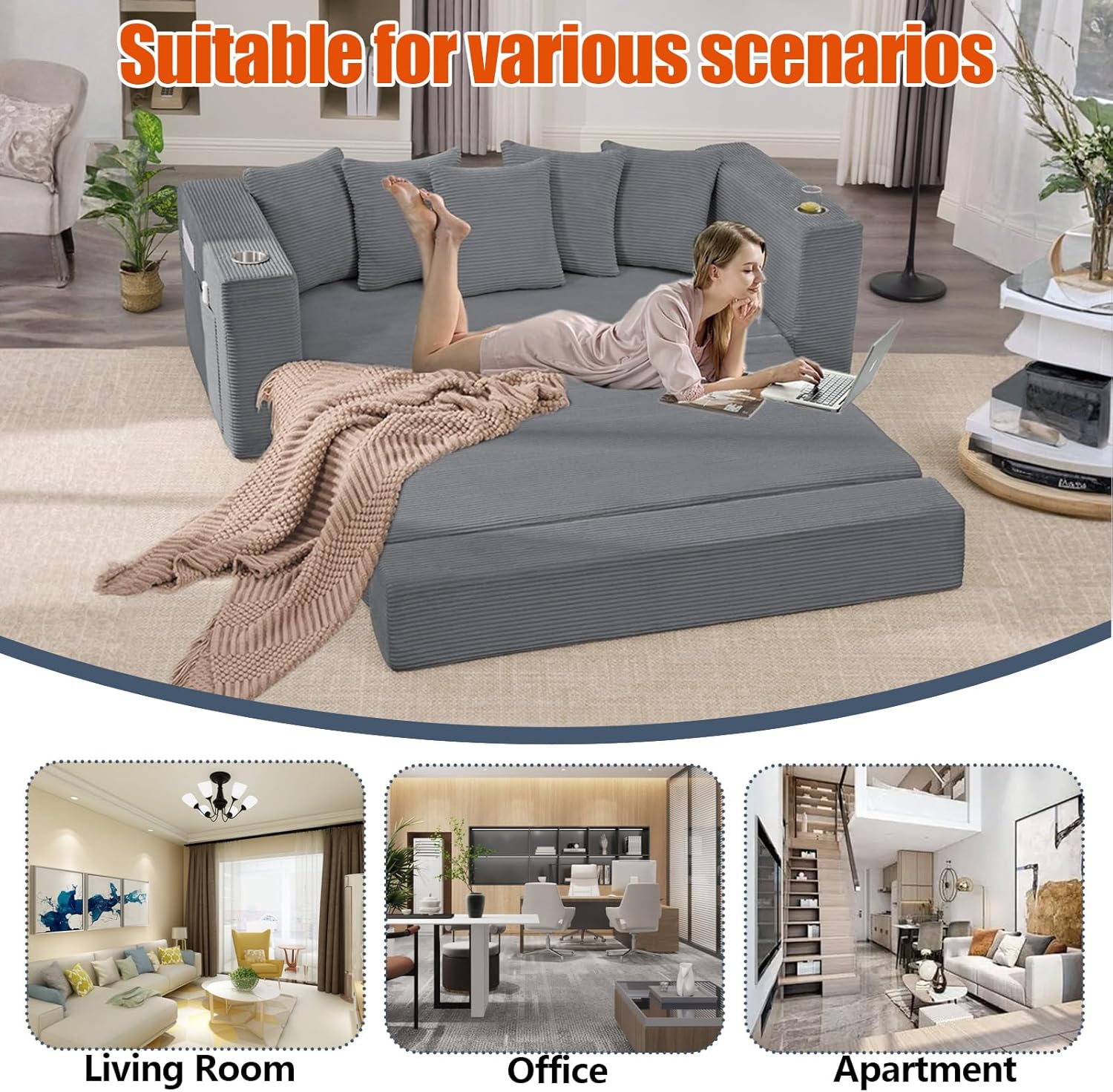 Anwick 2-in-1 Convertible Sleeper Sofa Bed, Corduroy Boneless Loveseat Cloud Couch for Living Room, Compressed Sofa in a Box, 5 Pillows, Fixed Frames, Side Pockets & Cup Holders, No Assembly (Gray)