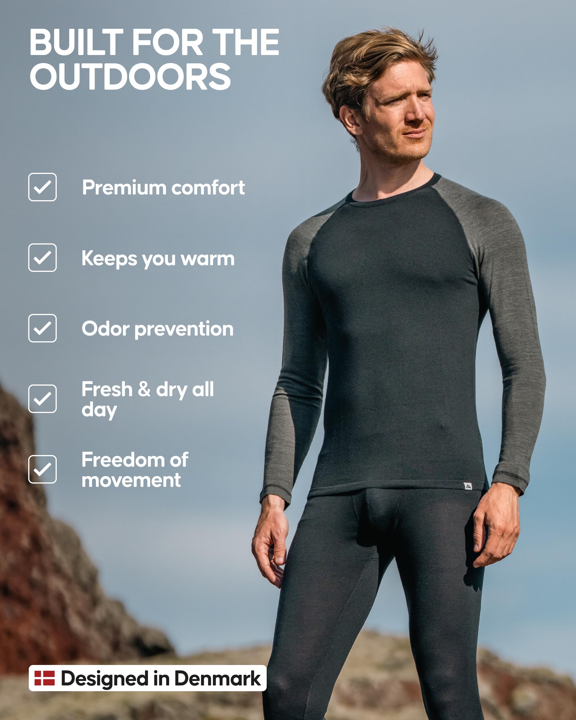 DANISH ENDURANCE Intimo Termico Uomo Lana Merino, Maglia Termica Uomo e Pantaloni Termici, Calzamaglia Termica Uomo Invernale per Sci, Trekking