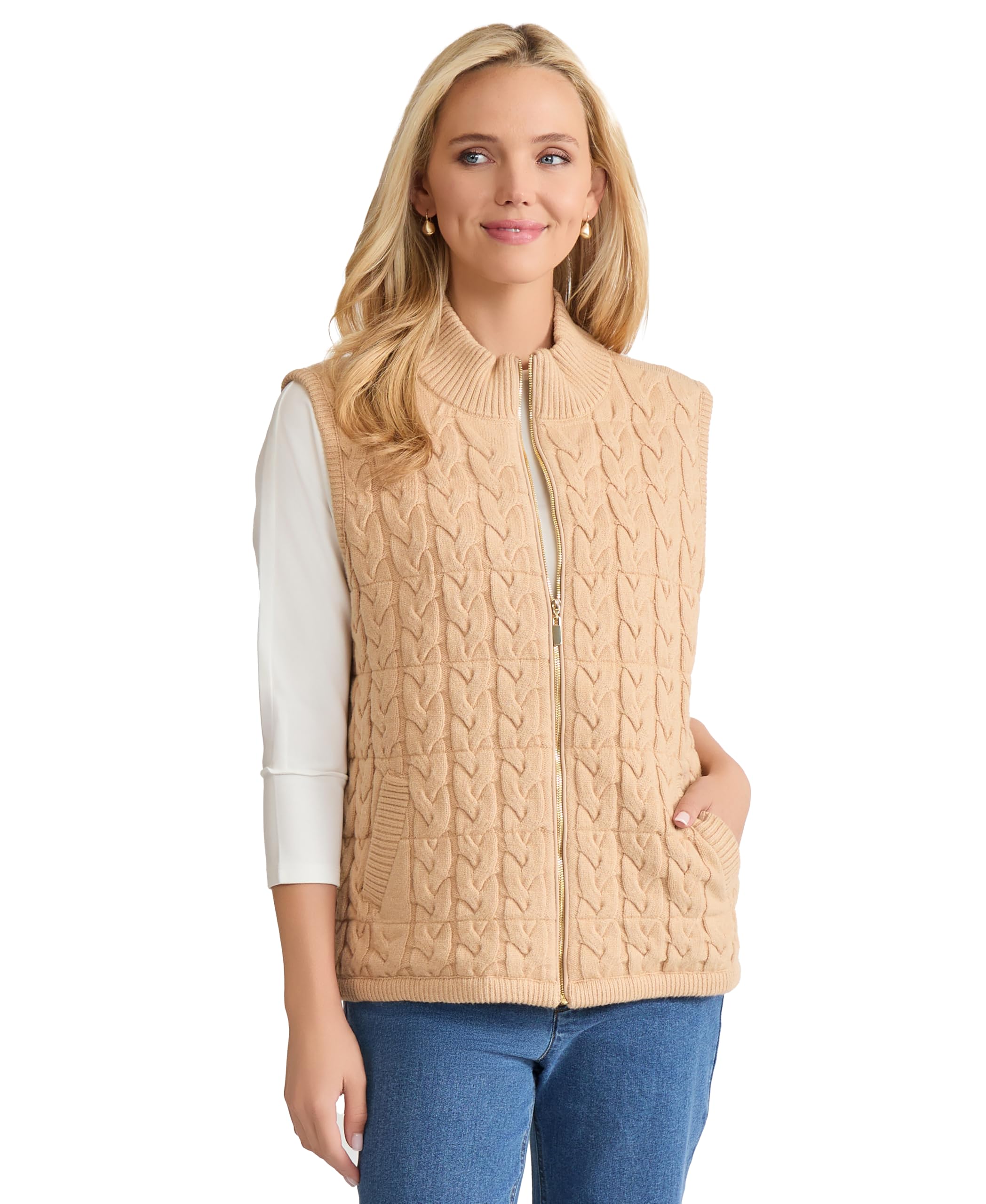 Jones New York womens Cable Knit Zip Front Puffer Vest