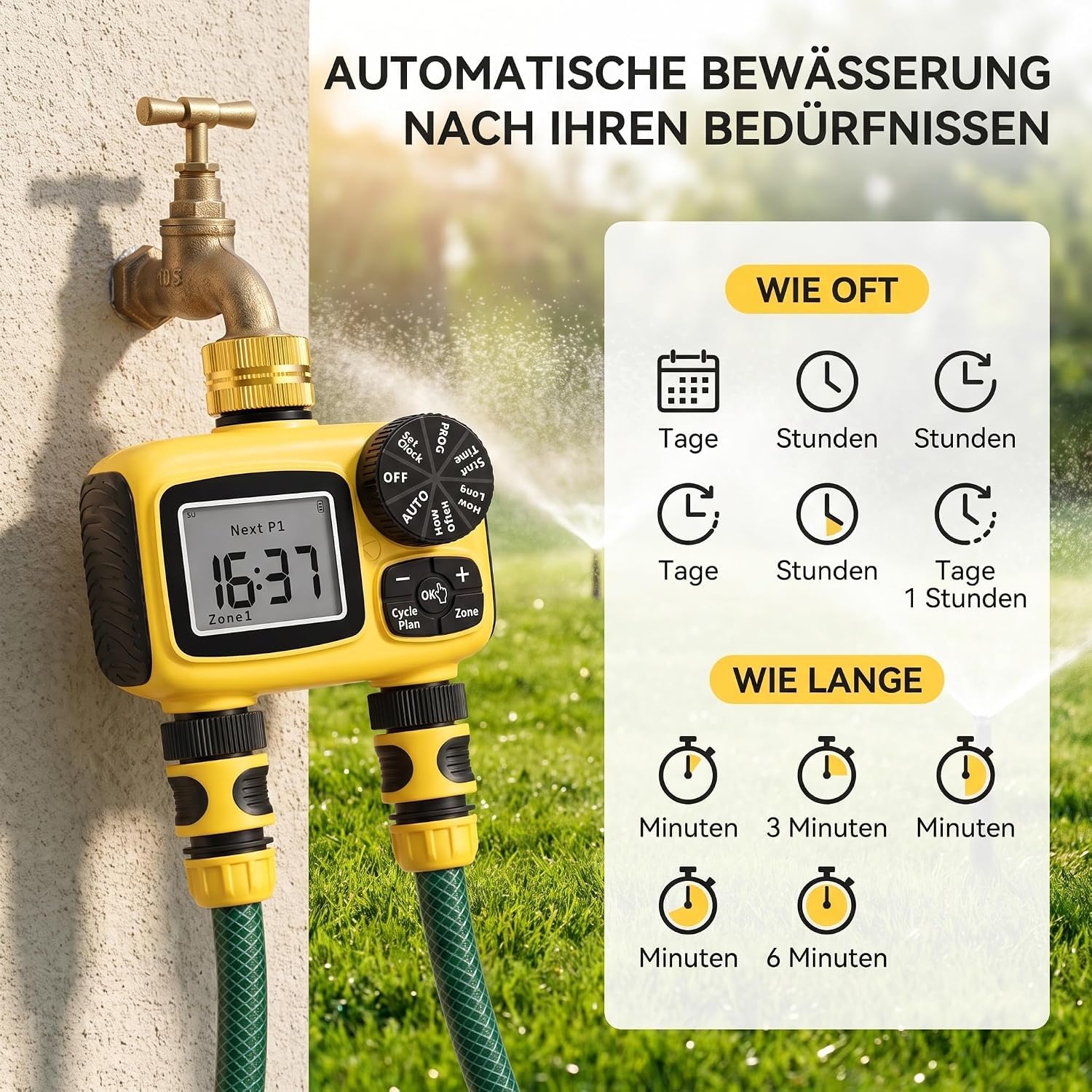 MQUPIN Ordenador de riego, 2 salidas, conexiones de latón | Temporizador de agua LCD con retardo de lluvia, protección para niños, IP55, doble zona, para jardín, césped, huertos