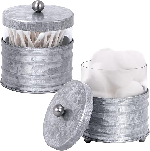 Autumn Alley Galvanized Bathroom Apothecary Jars Set, Farmhouse Bathroom Jars Qtip Holder Glass Dispenser- Rustic Vanity Organizer with Lids for Cotton Balls, Swabs, Rounds, Bath Salts 2-Glass Jars