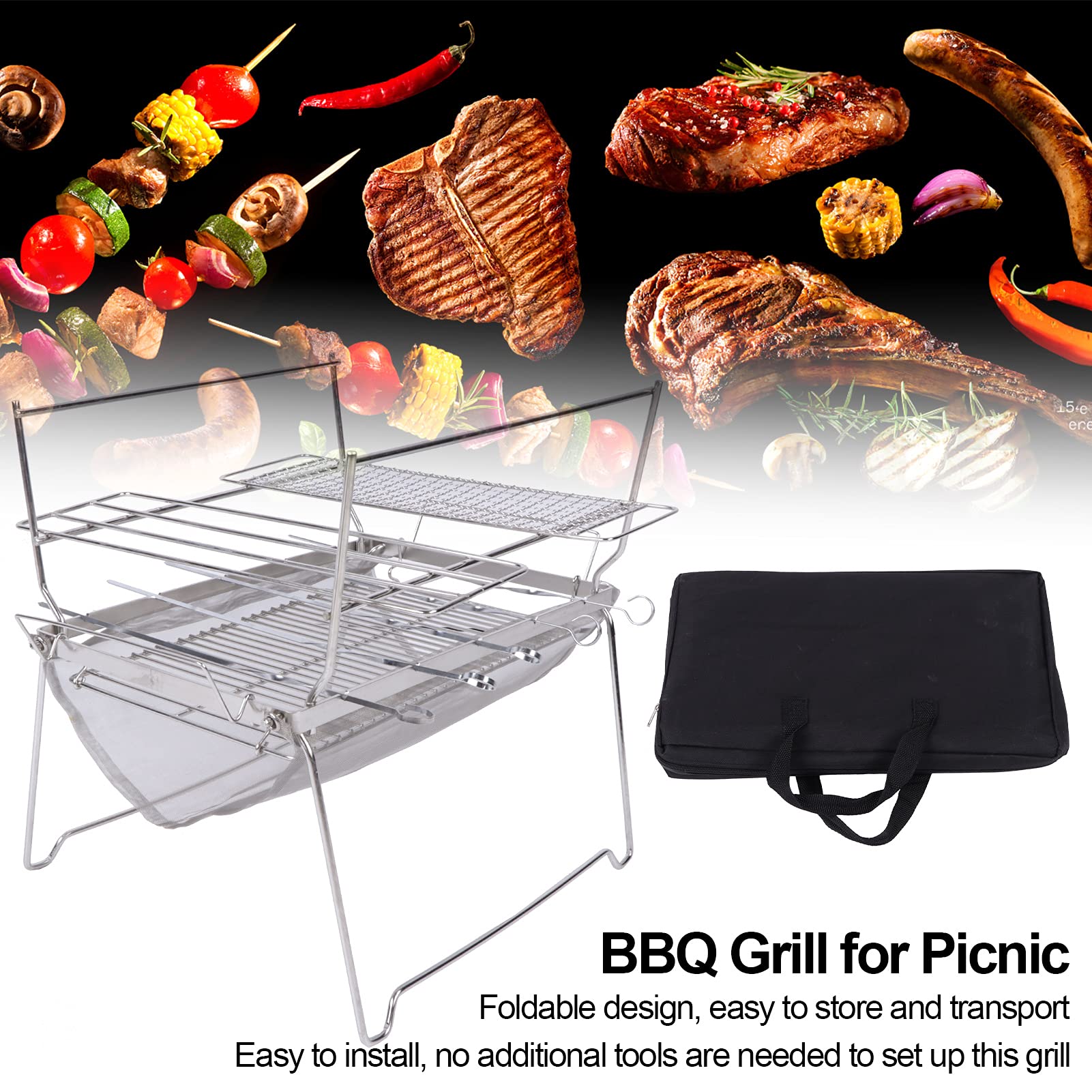 Griglia per falò pieghevole Griglia per barbecue portatile multifunzione in acciaio inossidabile per campeggio all'aperto Escursionismo Picnic Viaggi in spiaggia Avventure di
