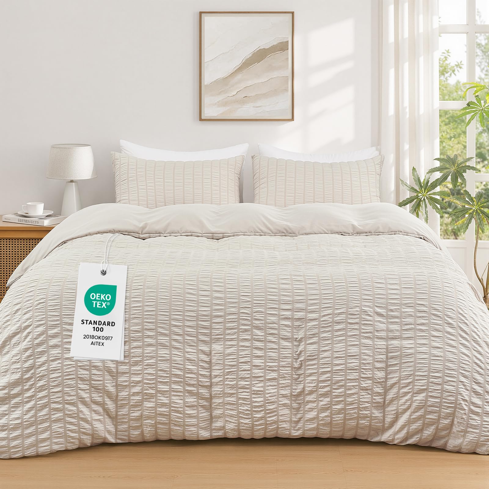Duvetnova Single Duvet Cover Sets Beige Seersucker Bedding Set OEKO-TEX Soft Breathable Microfiber with Zipper Closure All Season 135x200 cm with 2 Pillow Cases