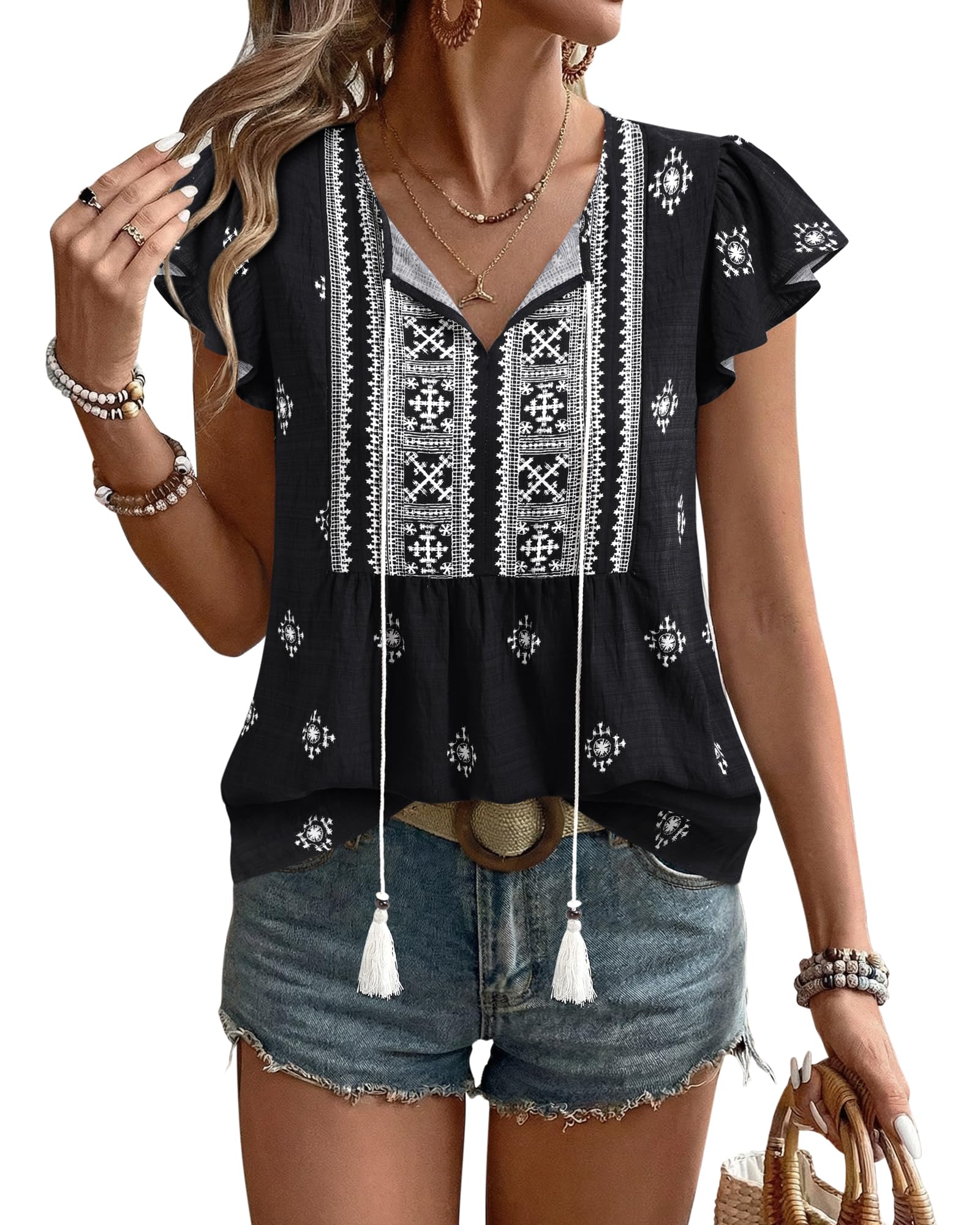 Gaharu Bluse Damen Elegant V-Ausschnitt Blumenmuster Oberteile Kurzarm Sommer Casual Urlaub