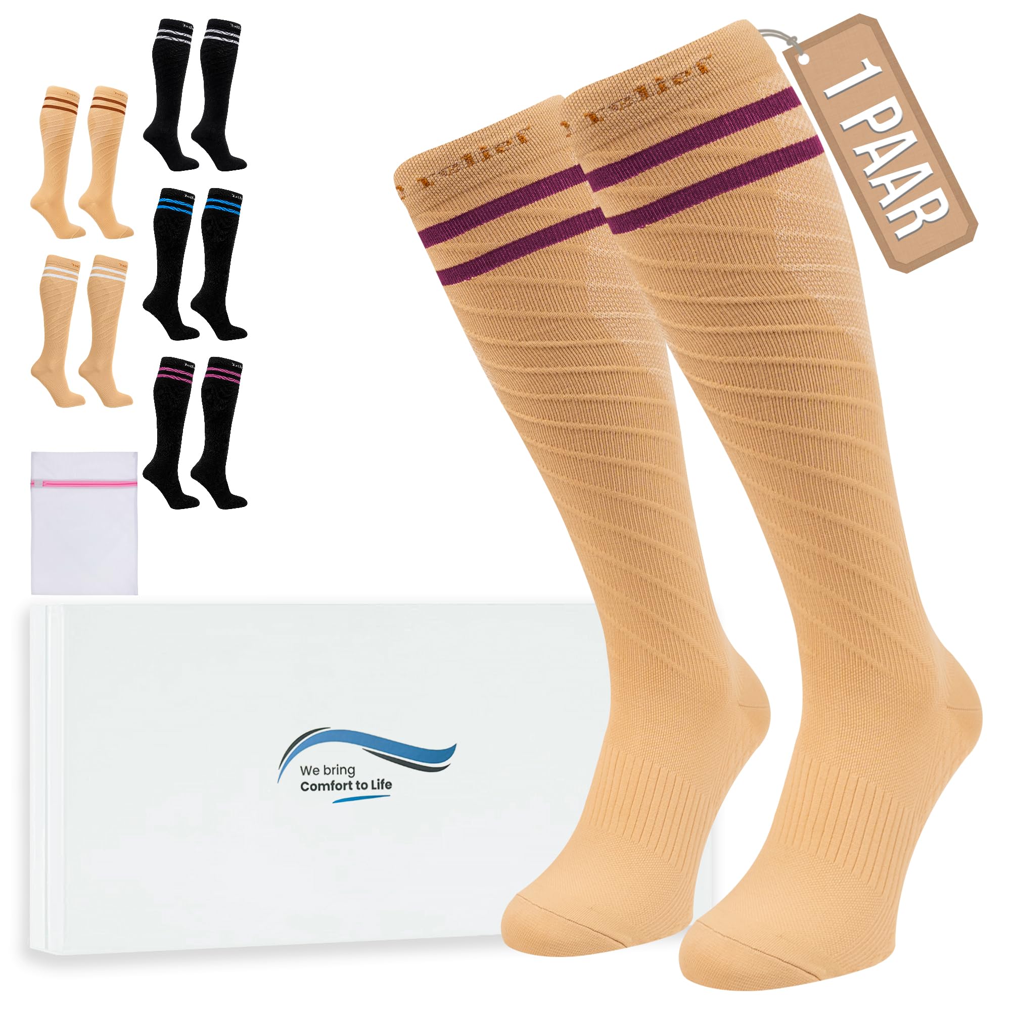 360 Relief Kompressionsstrümpfe Klasse 1 für Damen und Herren - 15-20 mmHg Stützstrümpfe für langstreckenflug, Reise, Sports, Running, Laufen - 1 Paar Kompressionssocken L/XL Beige mit Wäschenetz