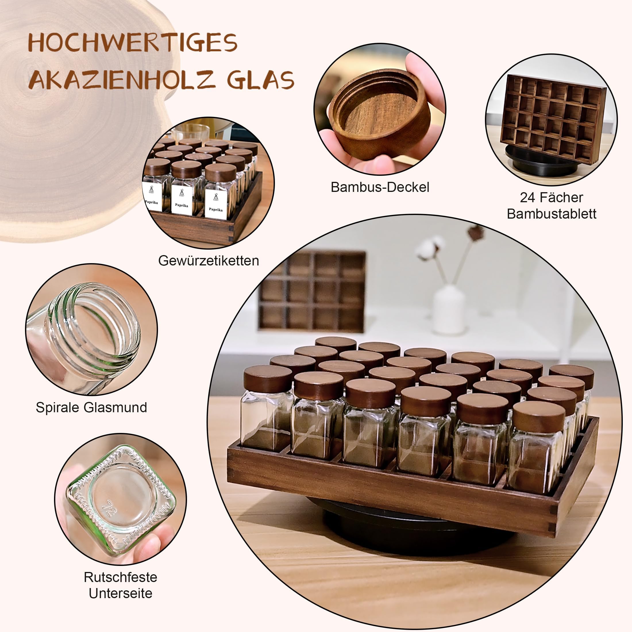 SAEIV Umweltfreundliches Akazien-Gewürzregal Holz mit 24 Fächern | 24 120ml-Gewürzgläser Drawer Organizer | Gewürzablag mit Gläsern 180 Deutsch Gewürzetiketten | Gewürzregal Stehend | Gewürz Organizer
