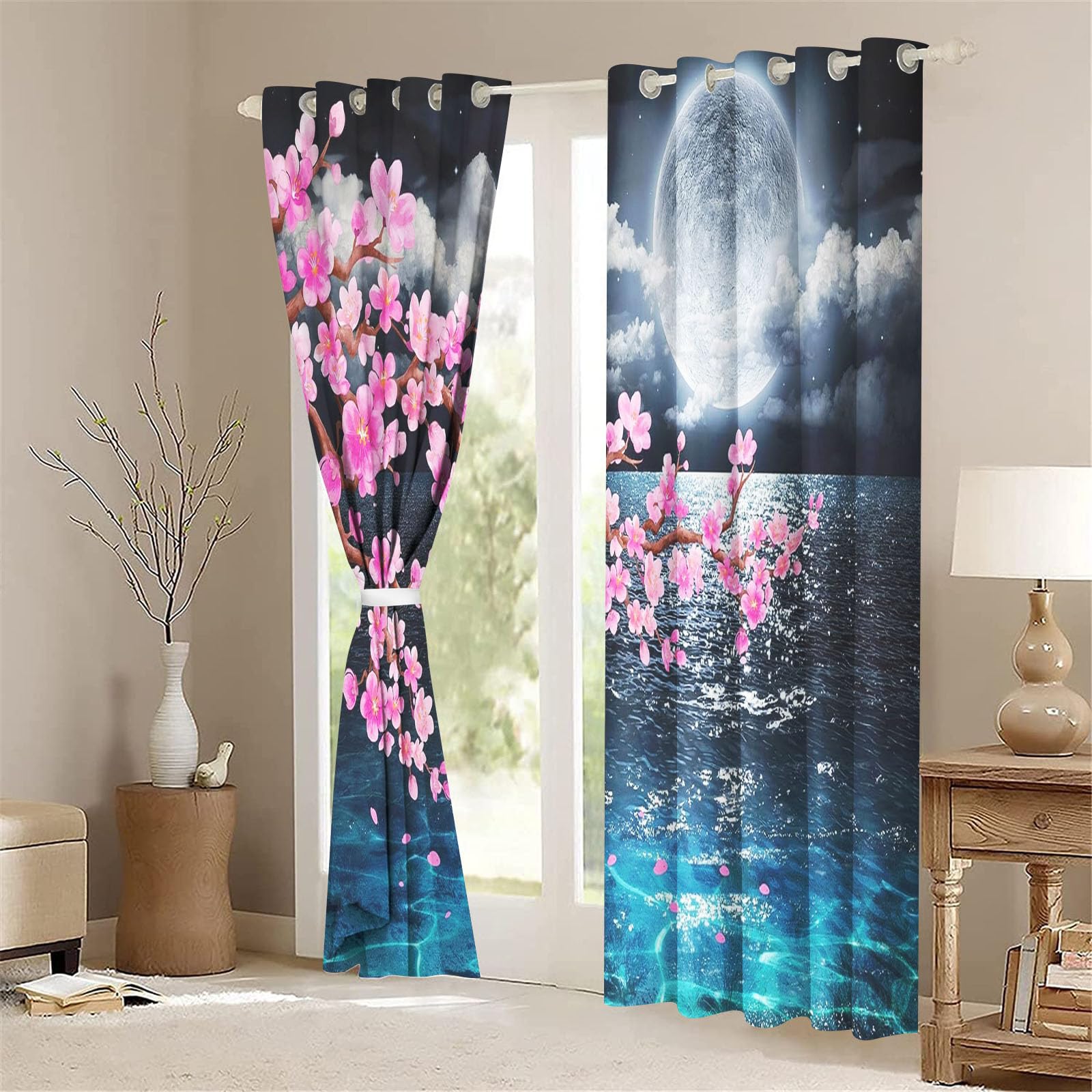 Vorhang Kirschblüten Japanische Gardine Kirschblüte Rosa Vorhänge Blickdicht Ösenvorhang 3D Druck Verdunklungsvorhänge Blumenmuster 2er Set Wohnzimmer (1,183 x 160 cm(2X91X160cm))