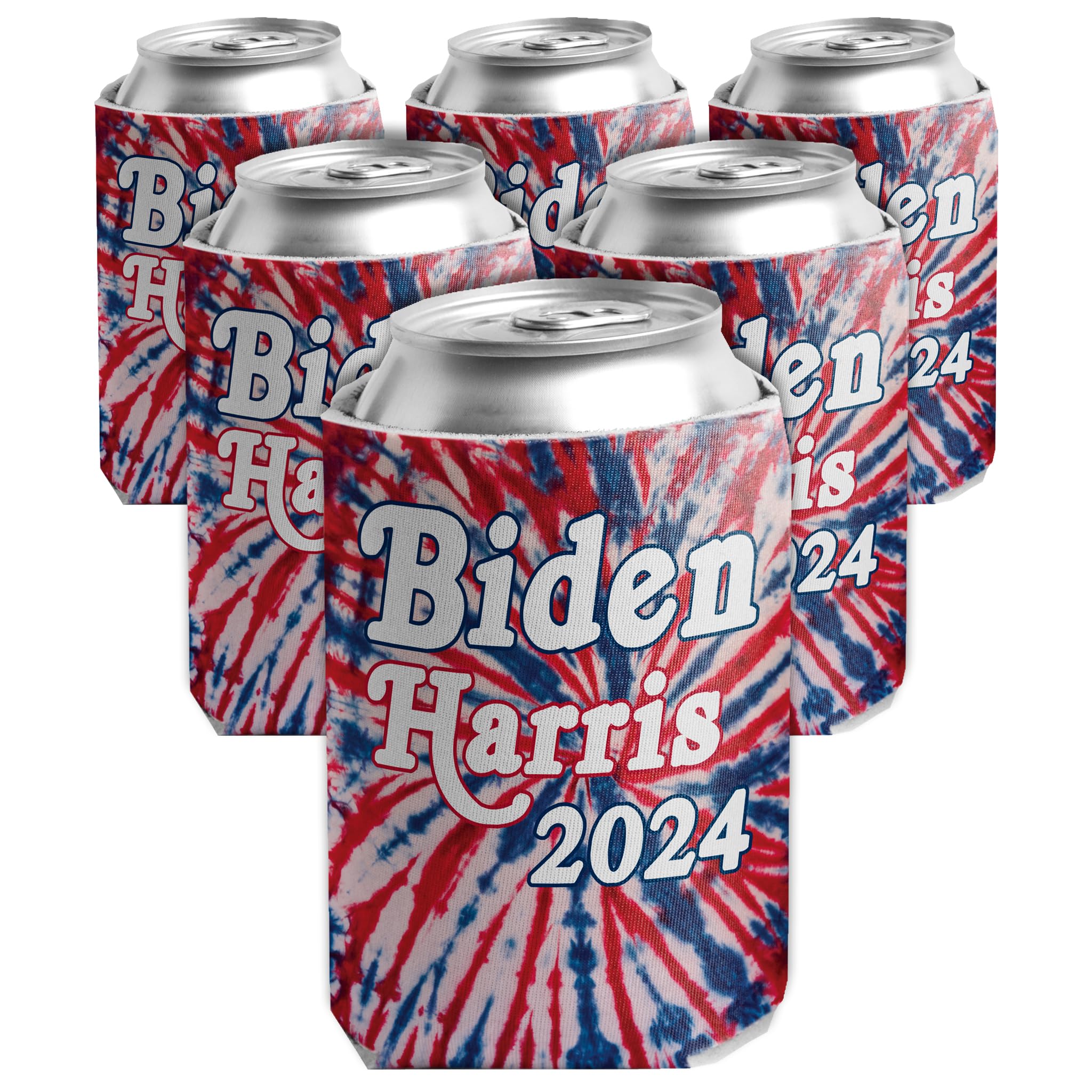 Biden Harris 2020 Can Cooler Set, Red, White and Blue Tie Dye, Set of (6)