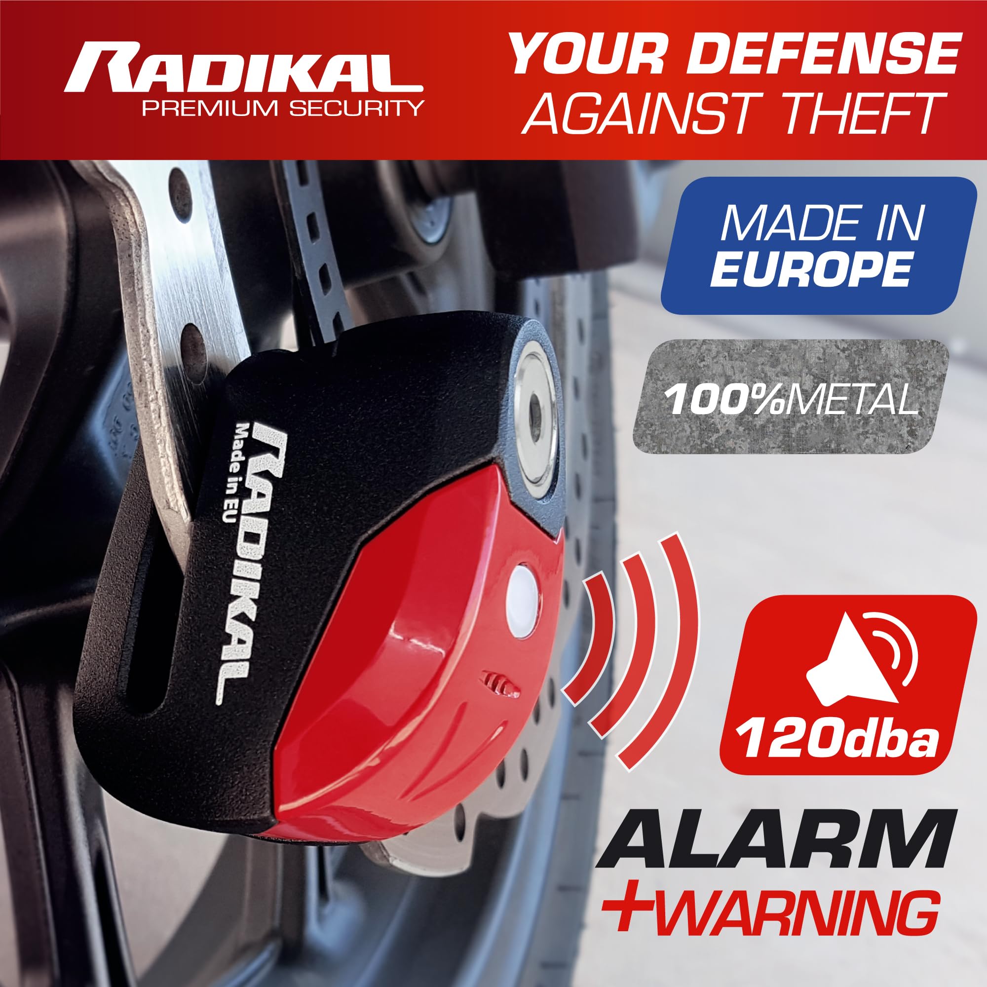 Radikal RK9, Motocykl Lock, zabezpieczający przed kradzieżą Disc, 120 dB Alarm z Chime + LED, Universal