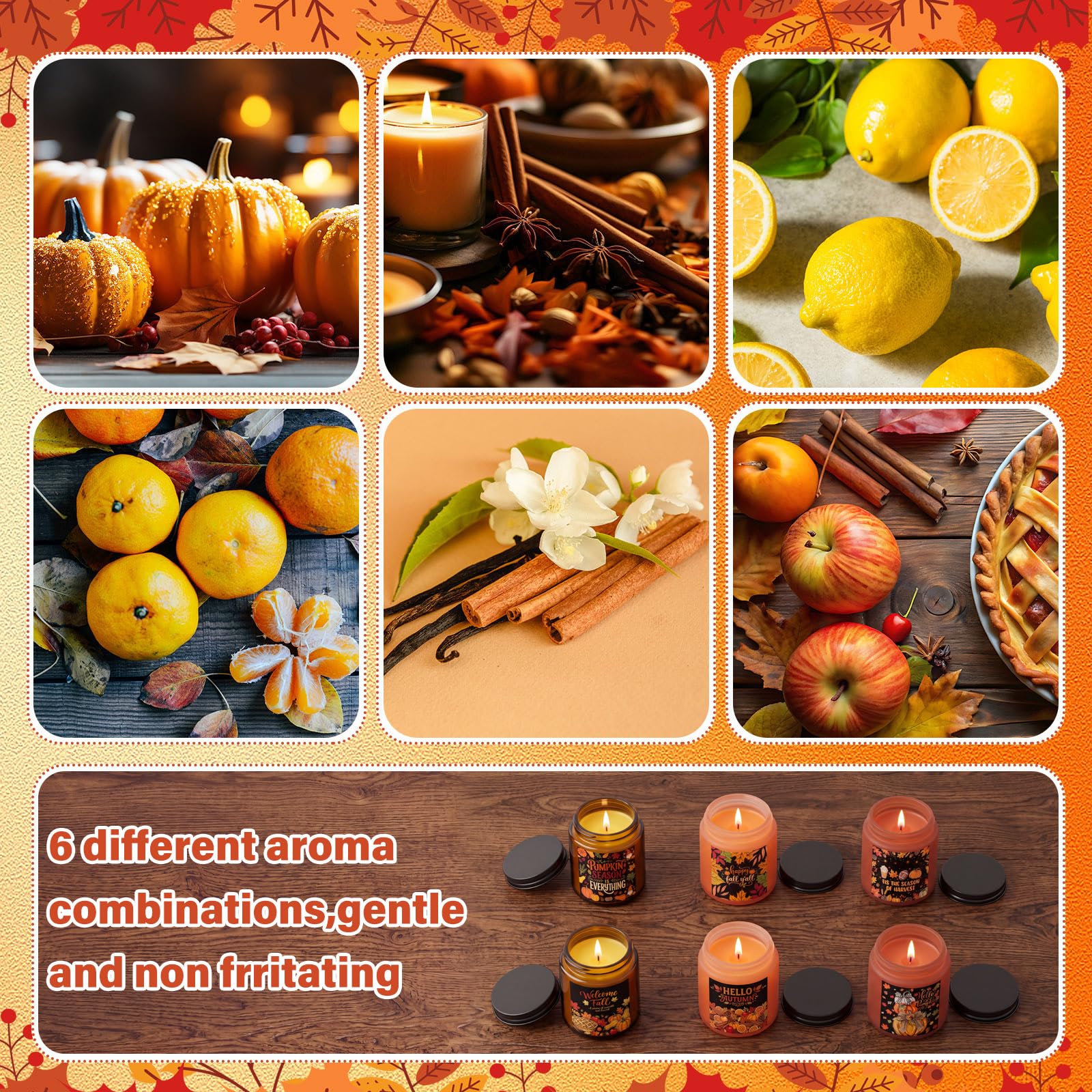 MTLEE Set di 6 candele profumate per la decorazione della casa, cera di soia autunnale, regalo per donne e uomini, profumo autunnale di torta di mele, zucca, vaniglia, cannella, mandarino, zucca erba