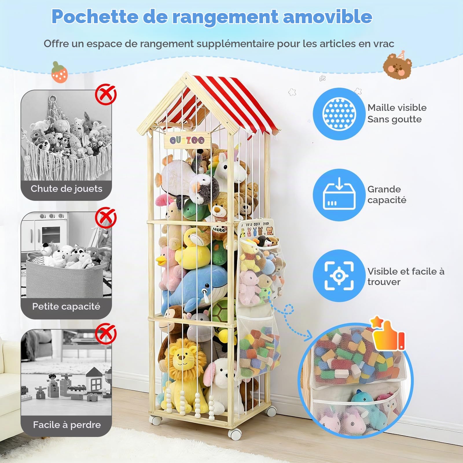 Rangement pour Peluches, 151x46x46CM Rangement Peluche Enfant en Bois Massif, Range Peluche avec Roulettes Pivotantes Verrouillables à 360° pour Chambre de Bébé, Salon, Chambre D'enfant