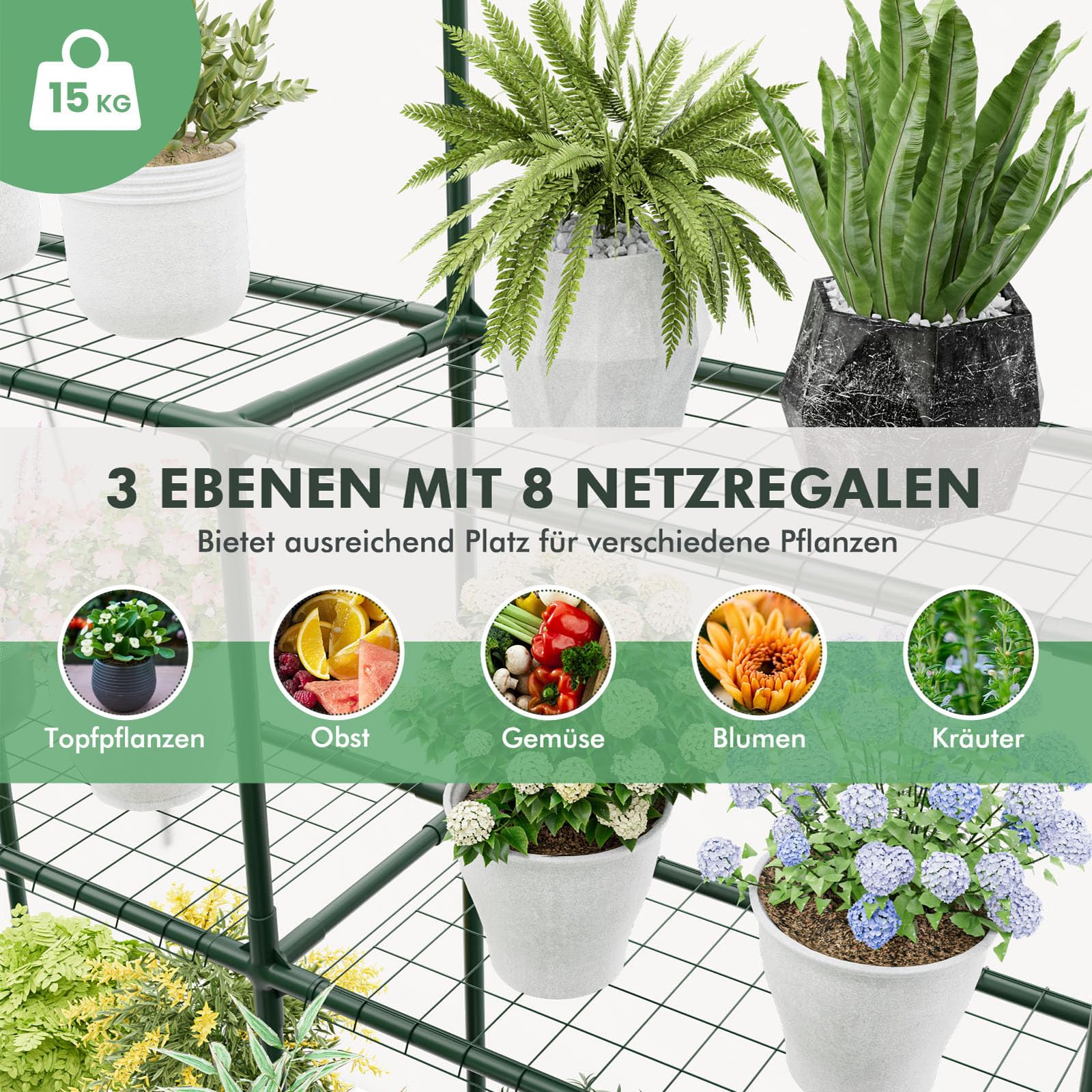 COSTWAY Gewächshaus, begehbares Foliengewächshaus mit 8 Regalen, Tomatenhaus mit PVC-Abdeckung & robustem Metallrahmen, Tomatengewächshaus für Tomaten, Gemüse, Pflanzen, 139 x 144 x 195 cm