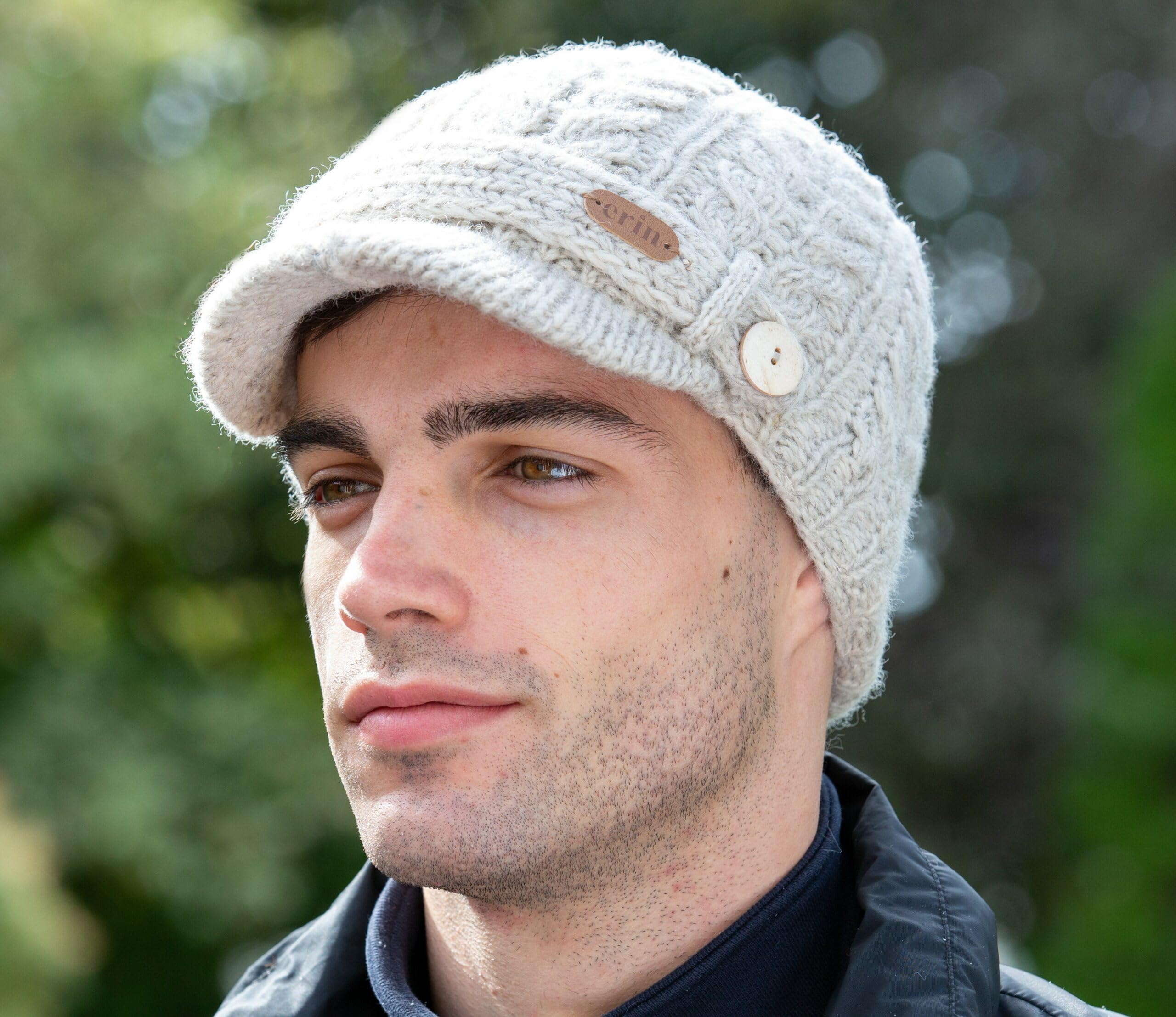 Gorro de punto trenzado para hombre, 100 % lana, forro polar, talla única, lavar a mano, Avena, talla única