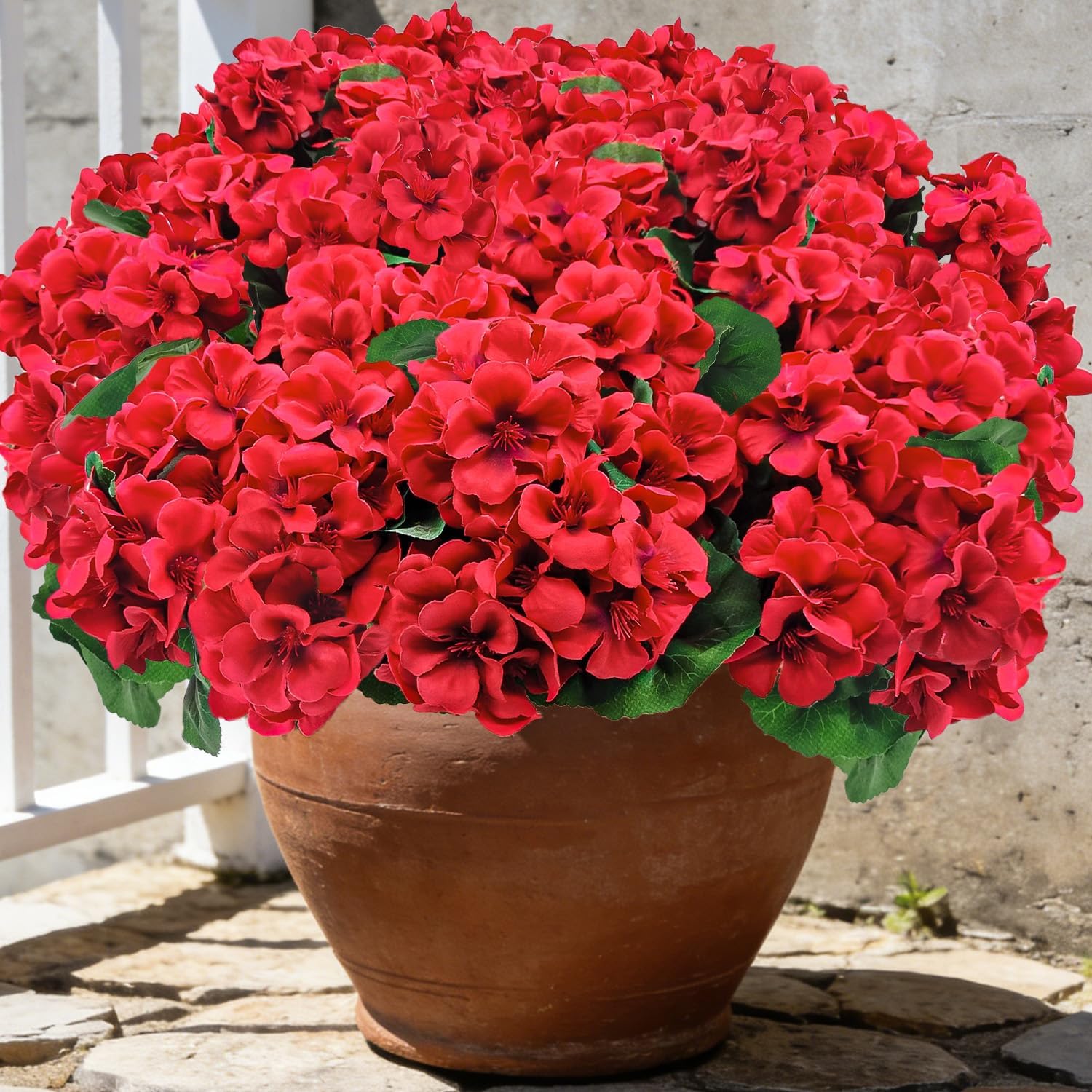 12 Bundles Artificial Geranium Flowers for Outdoors UV Resistant Red Silk Fake Geranium Plant Faux Floral for Front Porch Planter Balcony Patio Garden Home Indoor Decoration (Red 12)