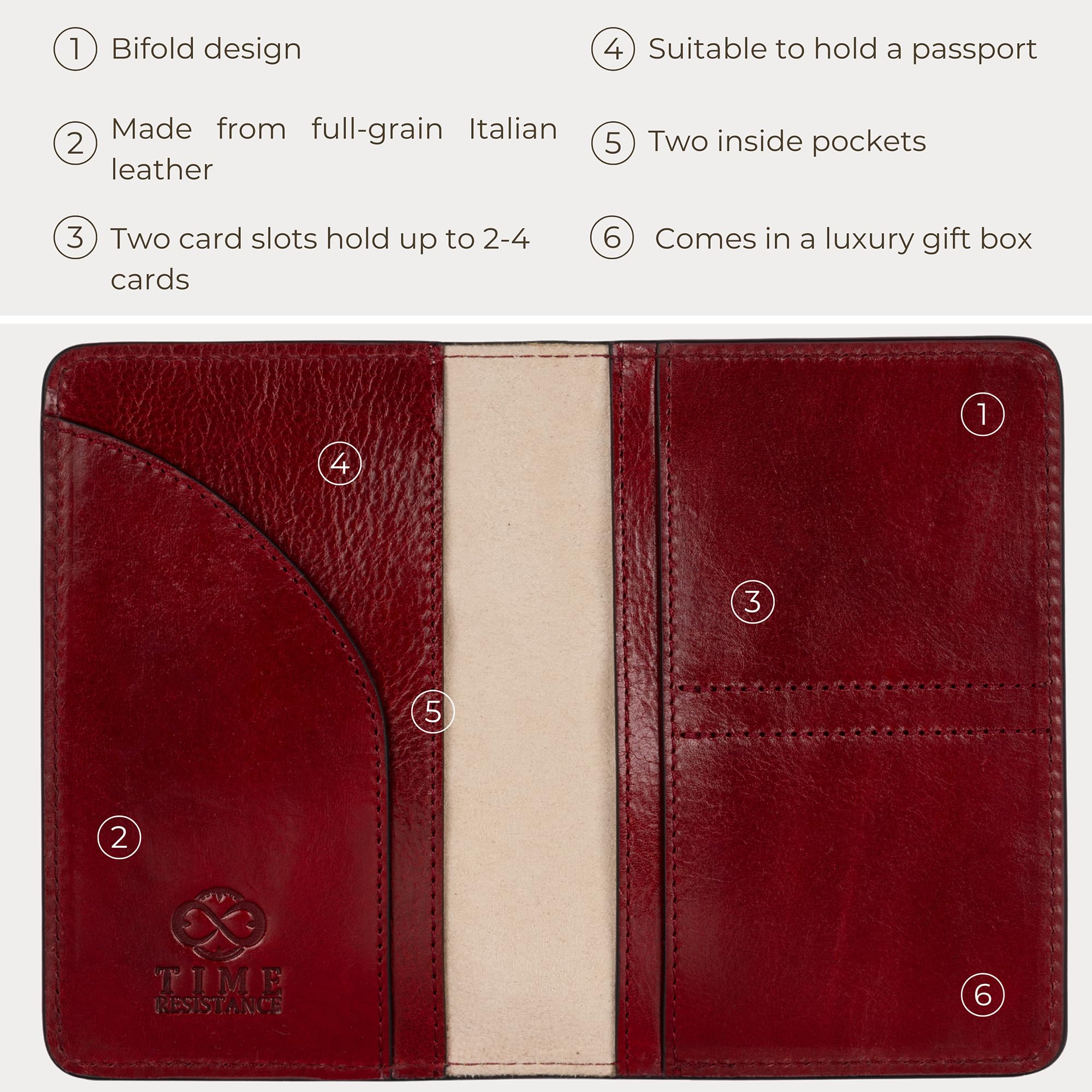 Time Resistance Portafoglio da Viaggio in Pelle a Grana Naturale – Porta Passaporto con Scomparti per Carte (Rosso)