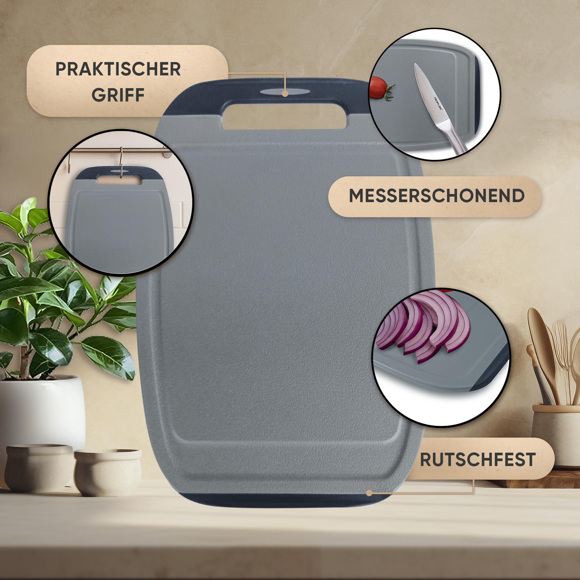 NEOFLAM® Tabla de cortar de plástico grande, mediana y pequeña – Tablas de cortar aptas para lavavajillas, juego de 3 piezas, sin BPA, tabla de cortar con mango y ranura para jugo, antibacteriana con