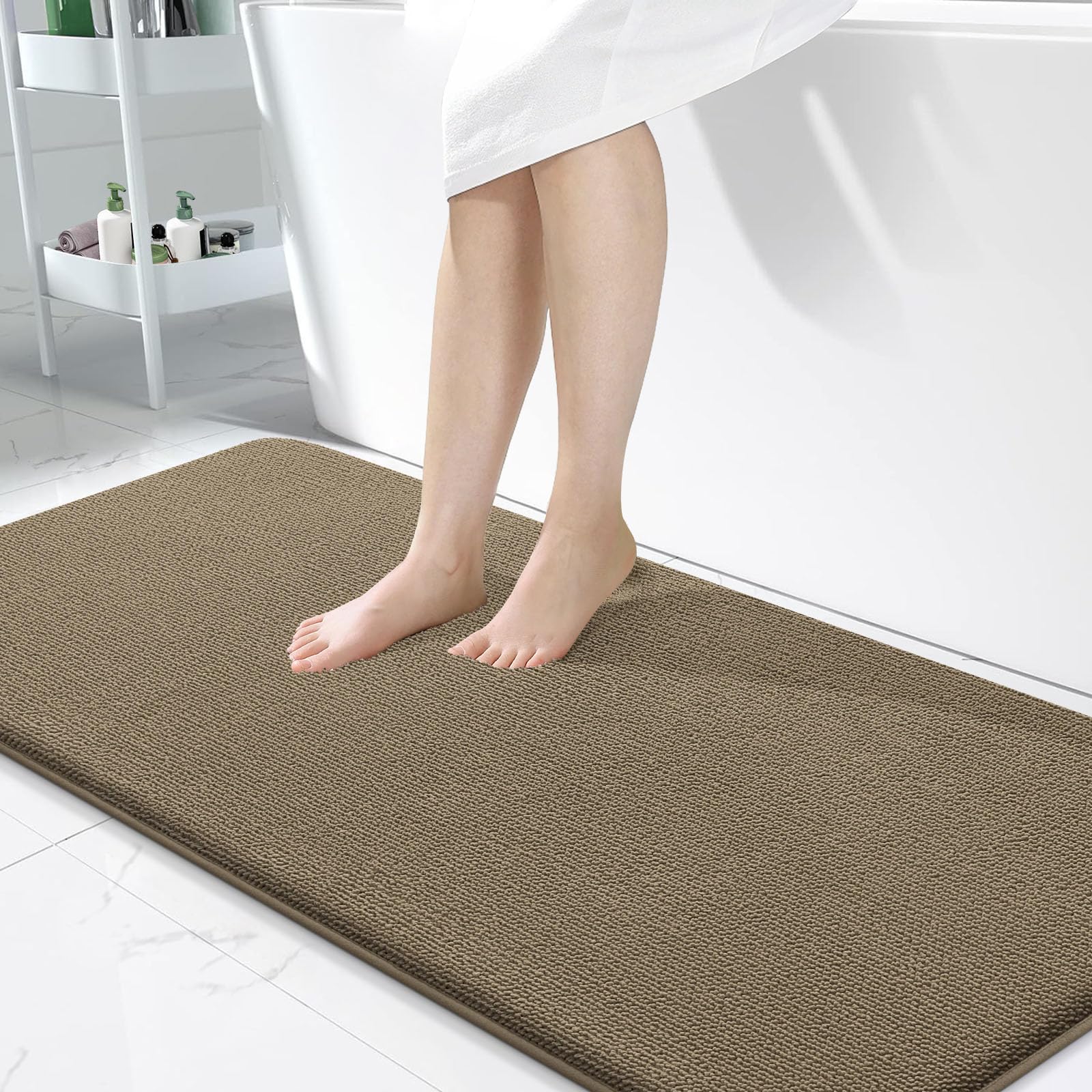 OLANLY Memory Foam Bathroom Runner Rug 47x24, Absorbent Long Bath Mat, Tan
