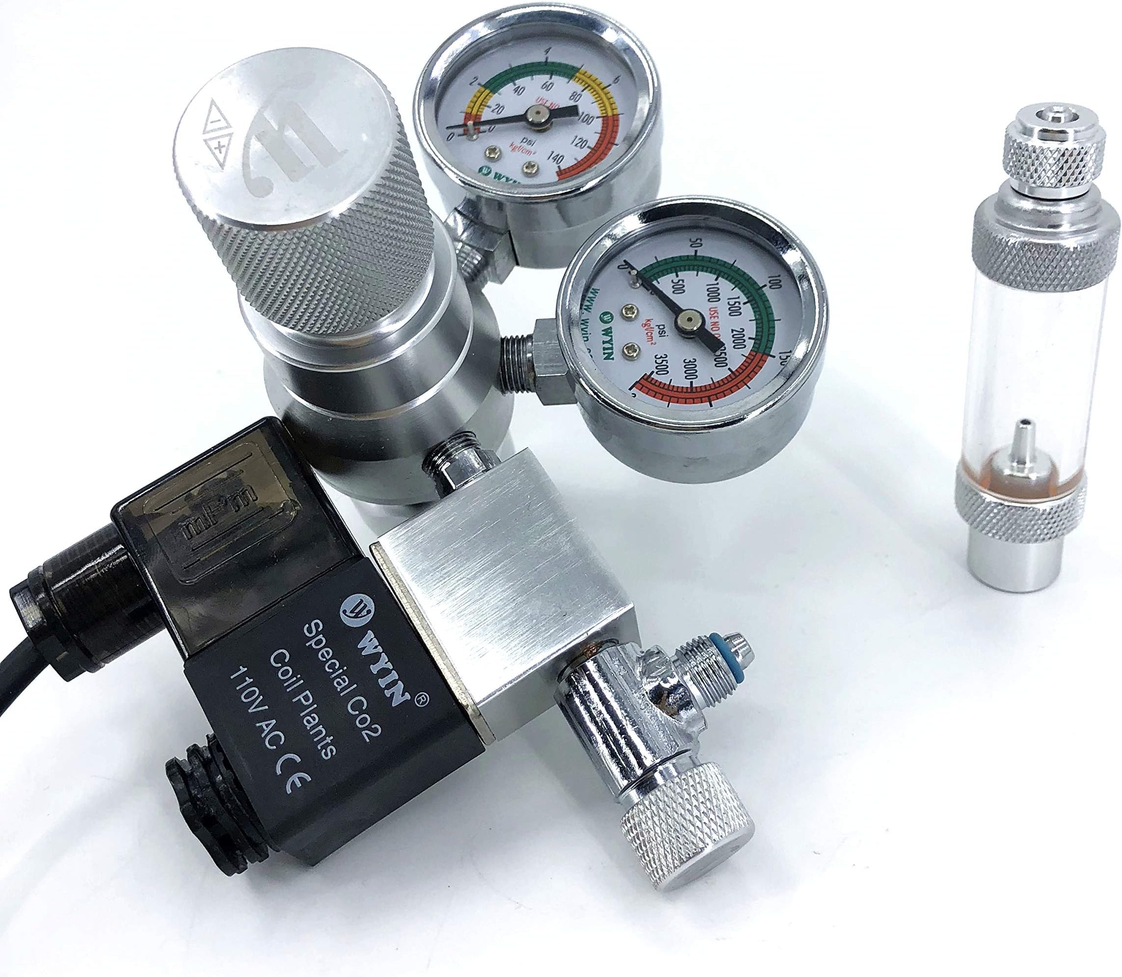 CO2 Regulator for Aquarium, Dual Pressure Gauge Bubble Counter and Solenoid Valve Included Premium 3FT Tube & 2 Suction Cup, Pressure Adjustable, CGA320 Thread