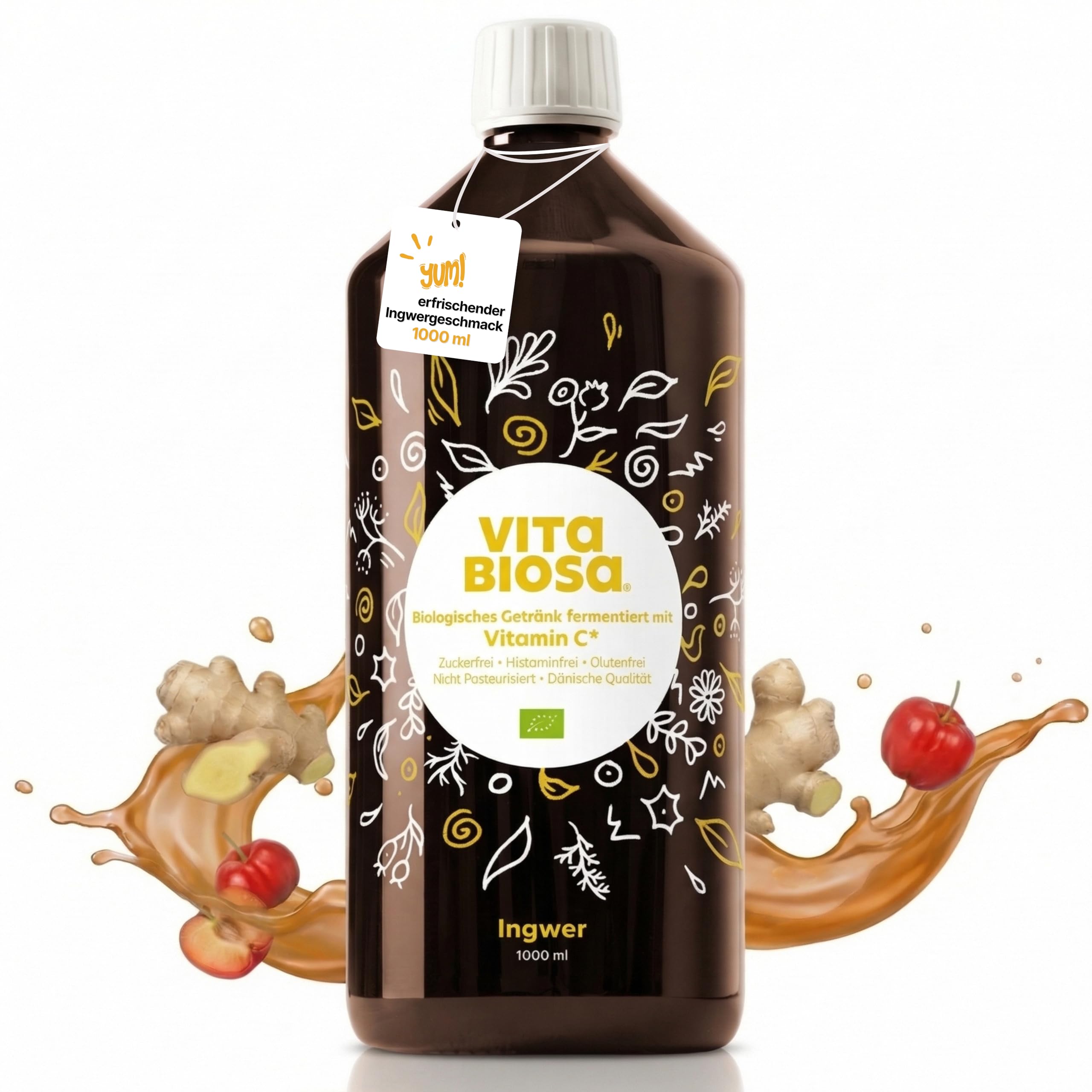 Vita Biosa Ingwer + Vitamin C Bio Fermentgetränk 1 L – mit Vitamin C zur Unterstützung des Immunsystems – mit Ingwer für die Verdauung – vegan, zuckerfrei, laktosefrei, Bio-Qualität