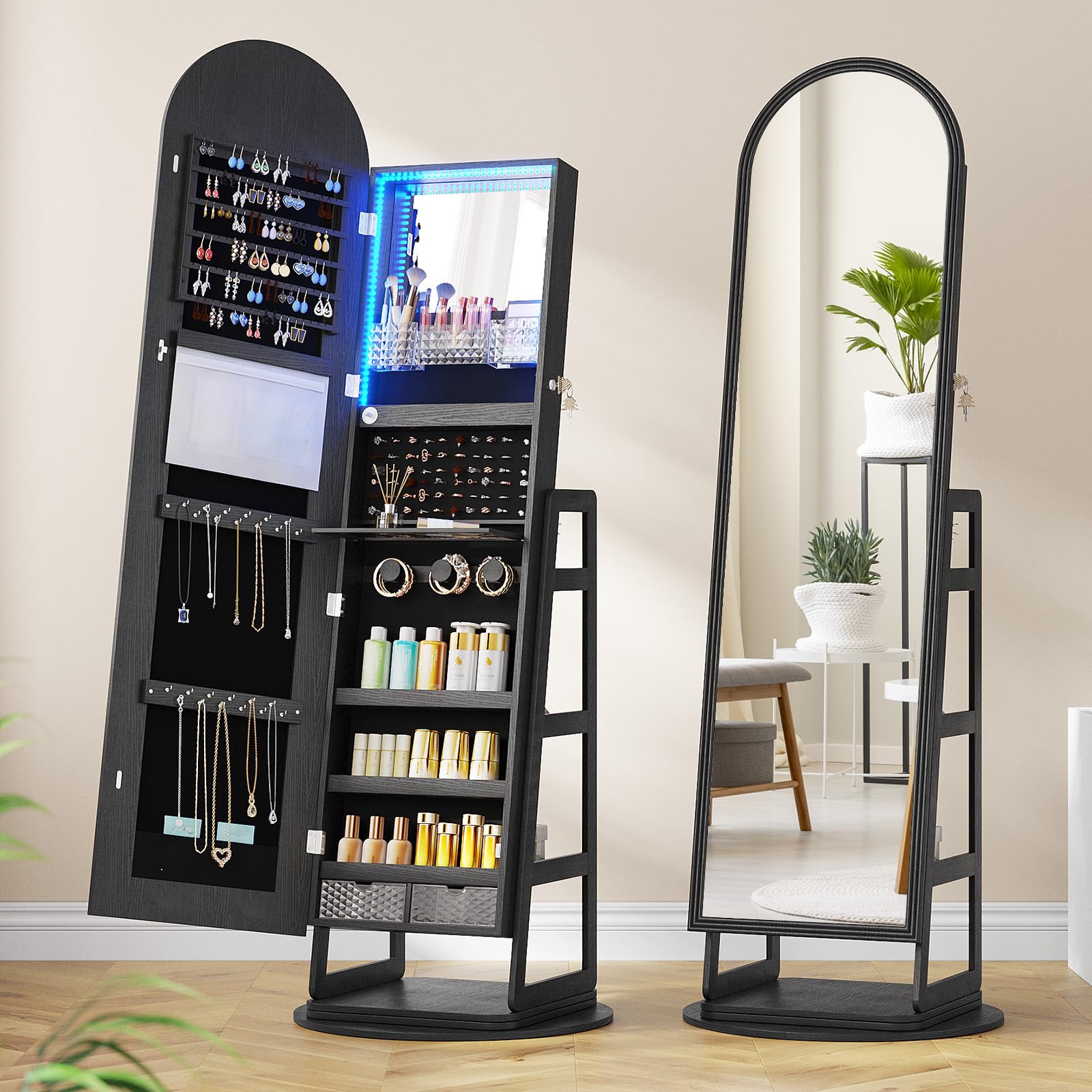 FREDEES Arched Mirror Jewelry Cabinet with Storage and LED Lights, Black