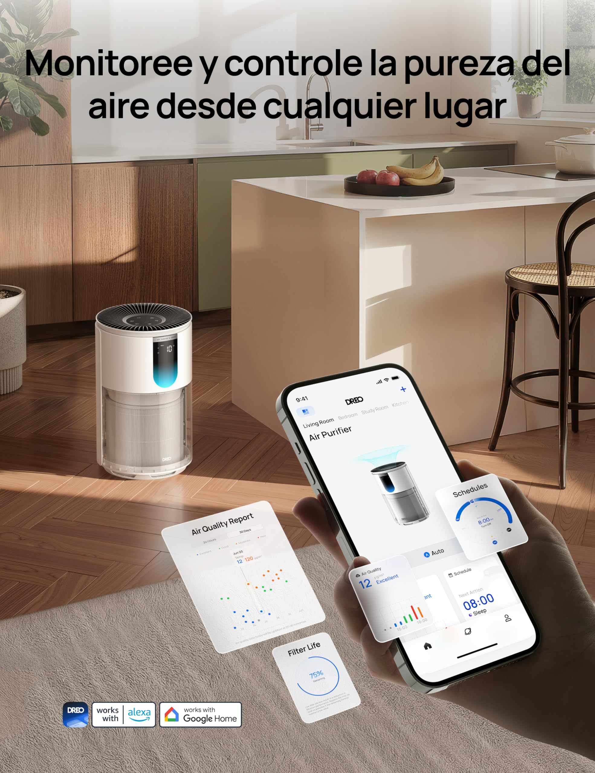 DREO Purificador de Aire hasta 109 m² para Dormitorio, Filtro HEPA 3 en 1, Sensor PM2.5, Monitor de Calidad del Aire, 18 dB, WiFi, Compatible con Alexa, Certificado AHAM