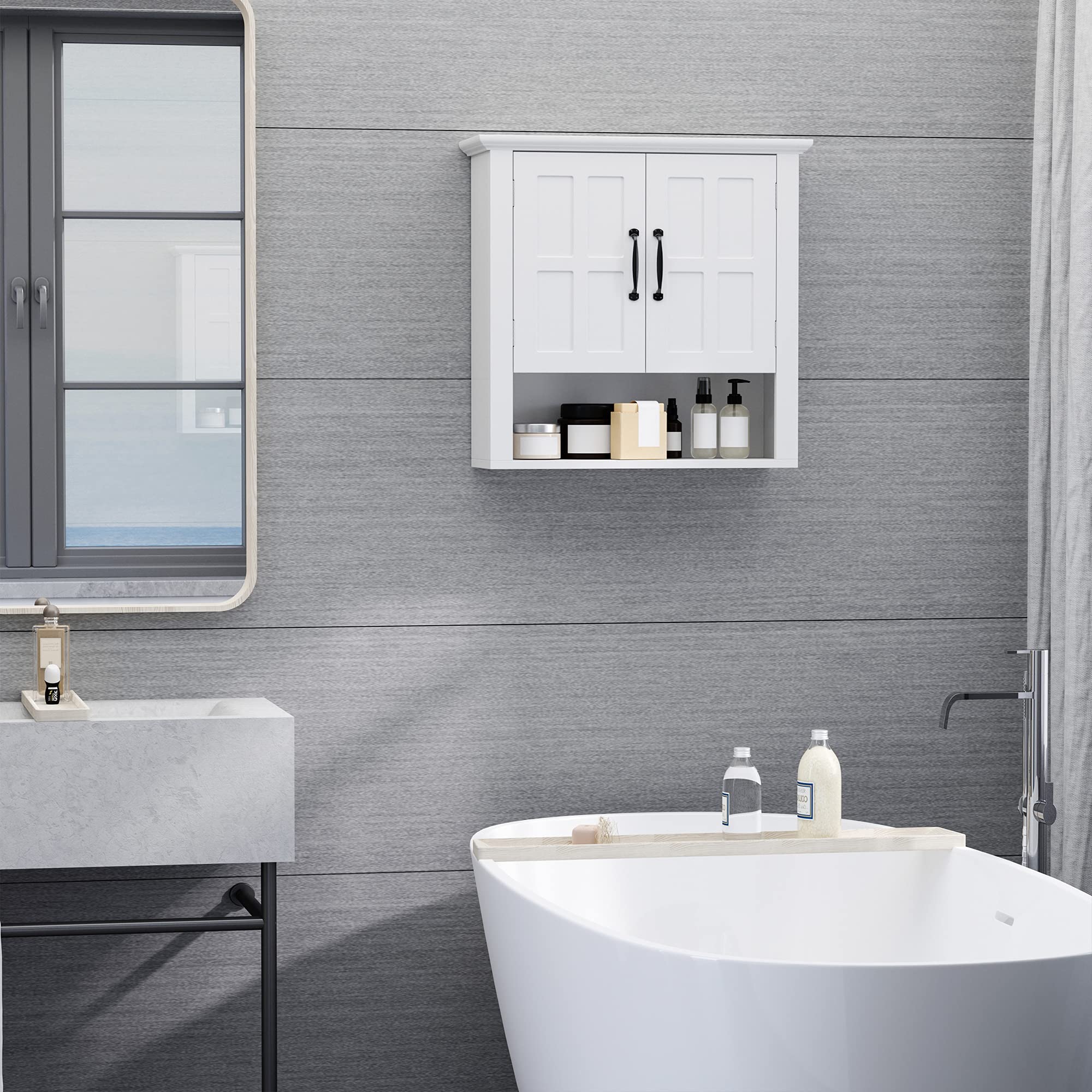 Image secondaire de HOMCOM Armoire Haute Murale de Salle de Bain ou WC Placard 2 Portes 2 étagères Niche dim. 60L x 20l x 58H cm MDF Panneaux Partic