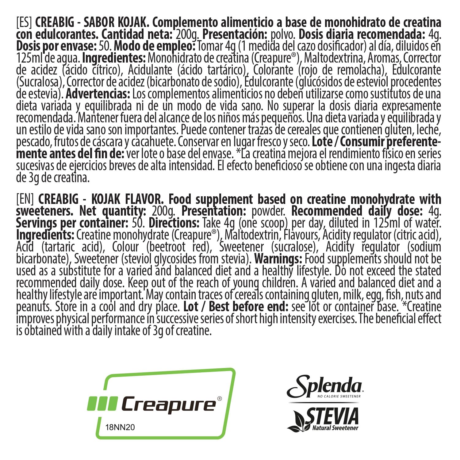 BIG - Creatina Creapure ® - Creatina Monohidratada Creapure en Polvo, Rendimiento Físico y Recuperación - Materia Prima Premium - Monohidrato de Creatina de Rápida Absorción, Vegana (250g, Kojak) — view 7