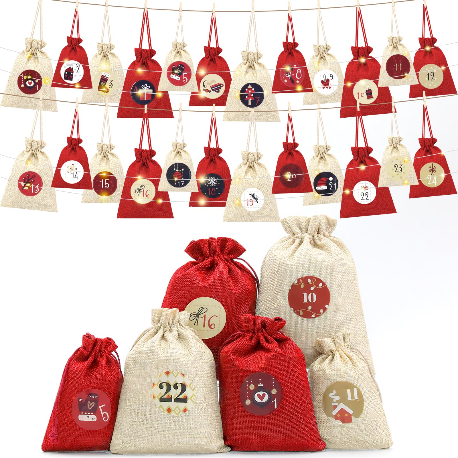 Juego de calendario de Adviento para rellenar, 24 bolsas de tela beige y rojas