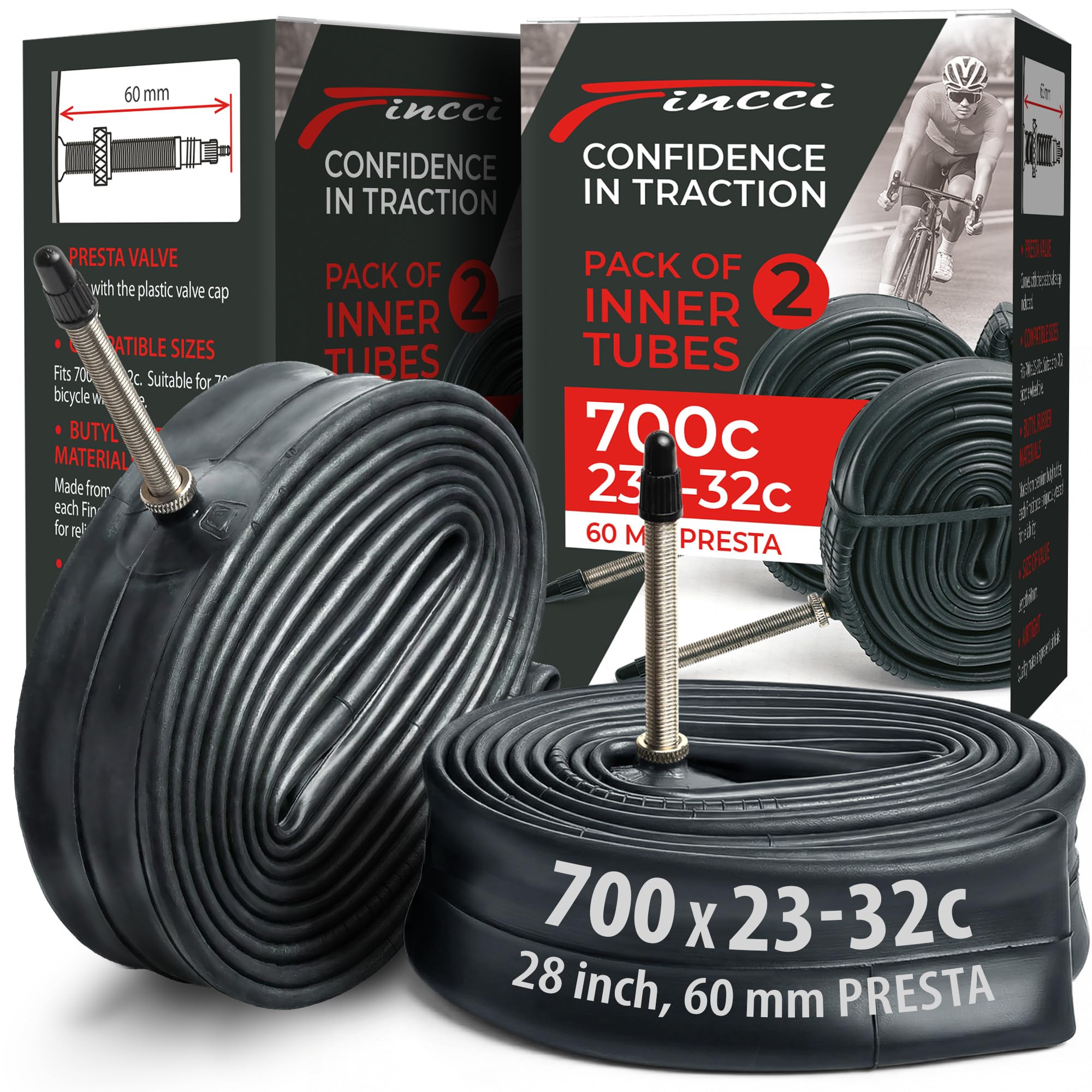 Fincci Camere daria Bici Corsa 700c x 23c x 25c x 28c x30c x 32c - Coppia Camera d'aria 28" con Presta Valvola 60mm per Copertoni - Accessori per Elettrica & Ciclo & Gara & Strada & Corsa Bicicletta