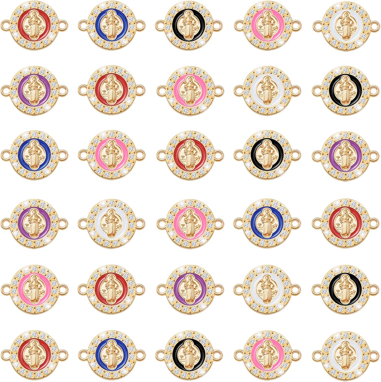 36 piezas de esmalte religioso San Benito Virgencita de Guadalupe encanto de diamantes de imitación eslabones conector aleación colgante para
