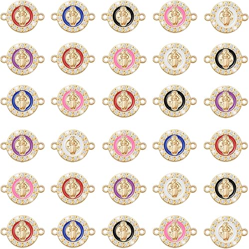 36 piezas de esmalte religioso San Benito Virgencita de Guadalupe encanto de diamantes de imitación eslabones conector aleación colgante para