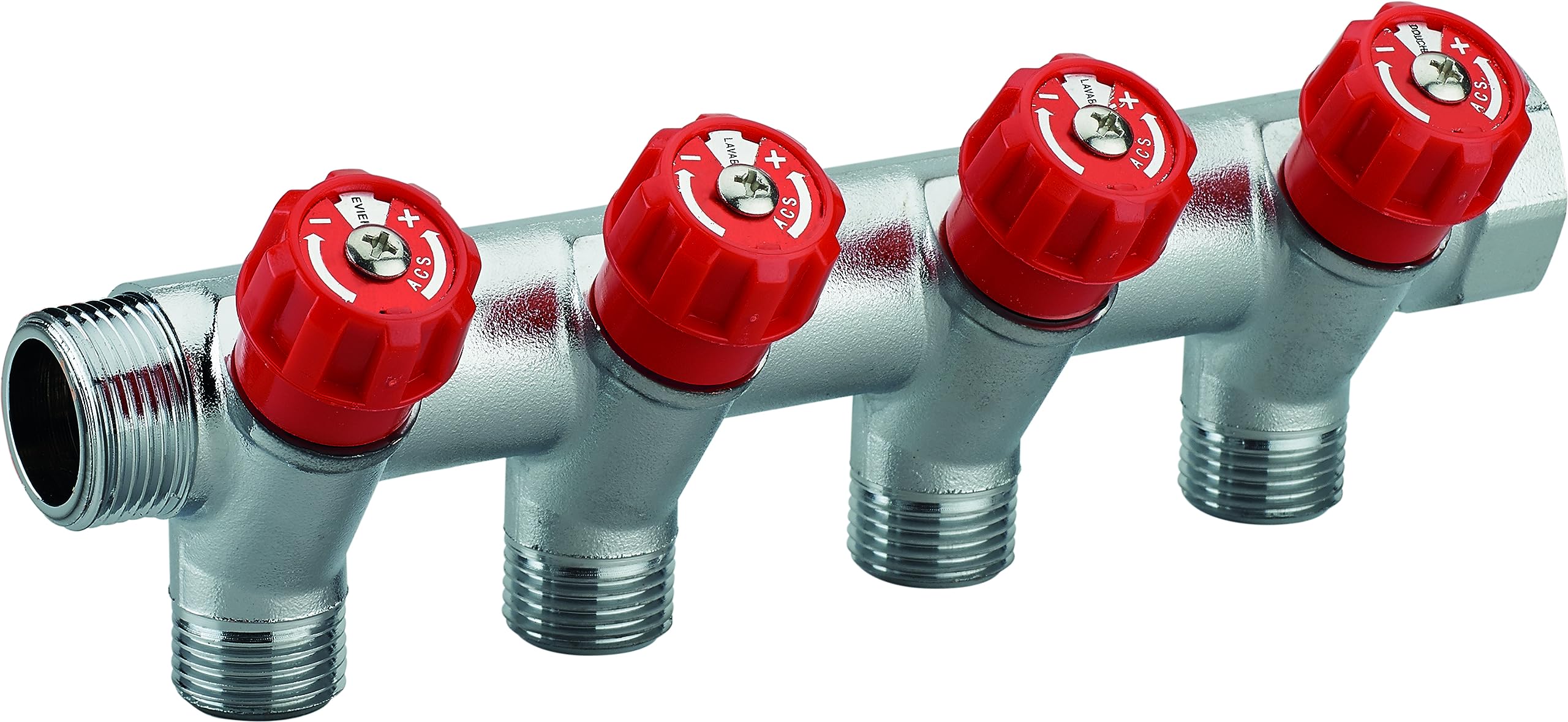 Colector macho-hembra 3/4 con grifería roja y 4 salidas macho 1/2 | Latón | Conexión segura y duradera | Ideal para fontanería | Fácil instalación y ajuste preciso | QUICK PLOMBERIE