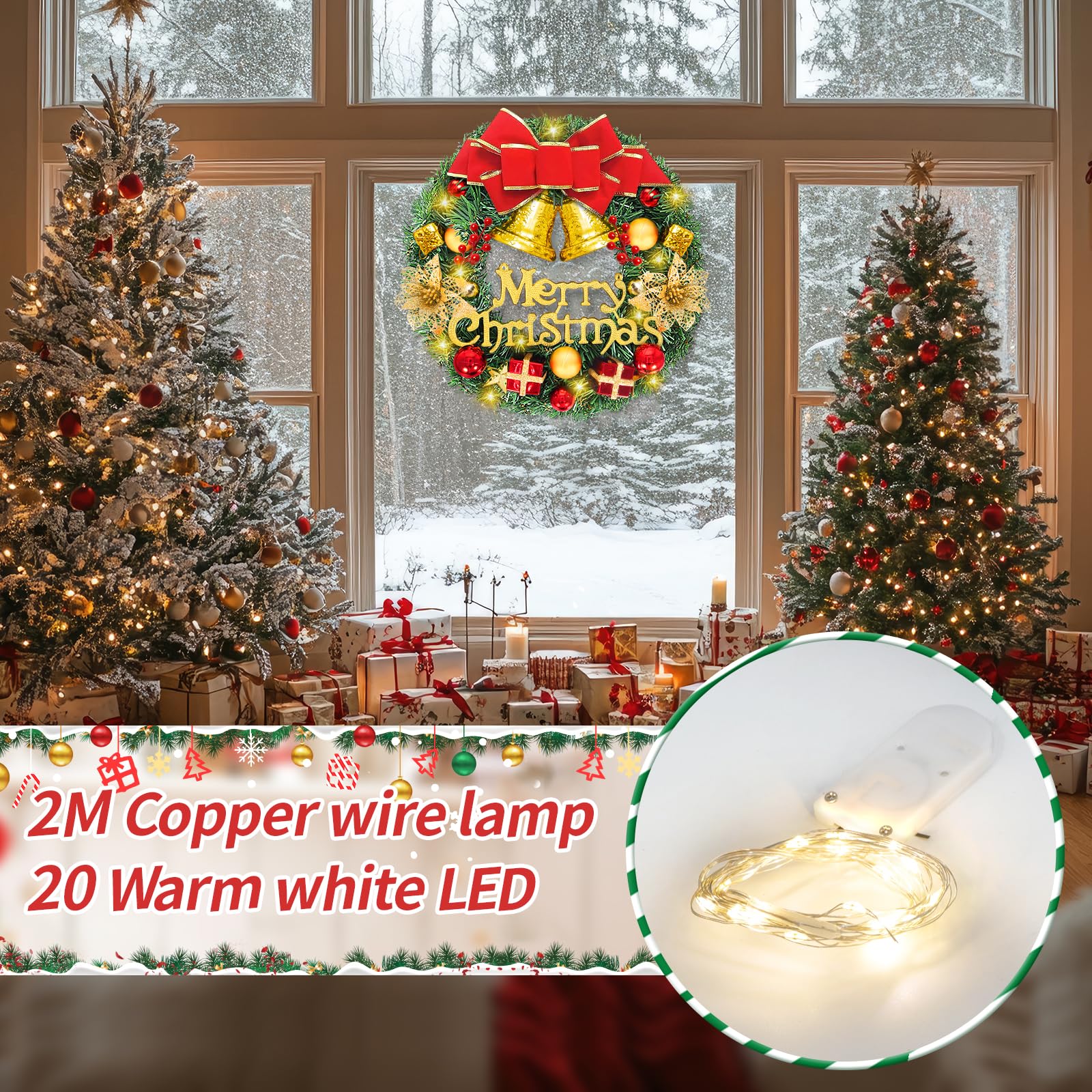Wieniec bożonarodzeniowy (30 cm),dekoracyjna girlanda bożonarodzeniowa,z diodami LED,kokardką,bombka bożonarodzeniowa,kwiat śniegu,jagoda,kokardka,do drzwi wejściowych,kominka i dekoracji ściennych