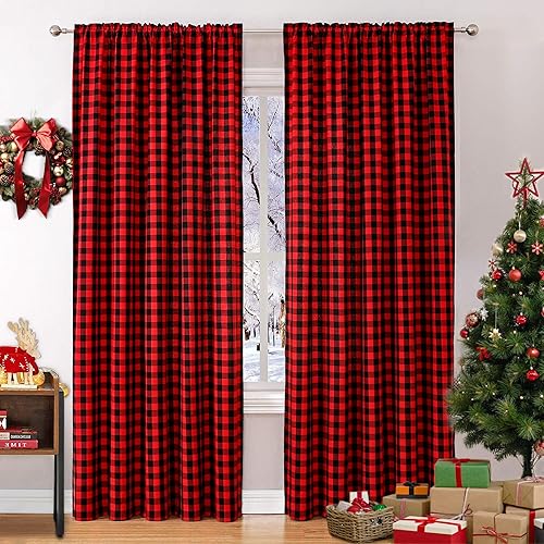 Vista 16 de WUBODTI - Cortinas navideñas rojas a cuadros búfalo, 63 pulgadas de largo, 2 paneles, cortinas cortas de cuadros rojo y negro estilo country, Rojo