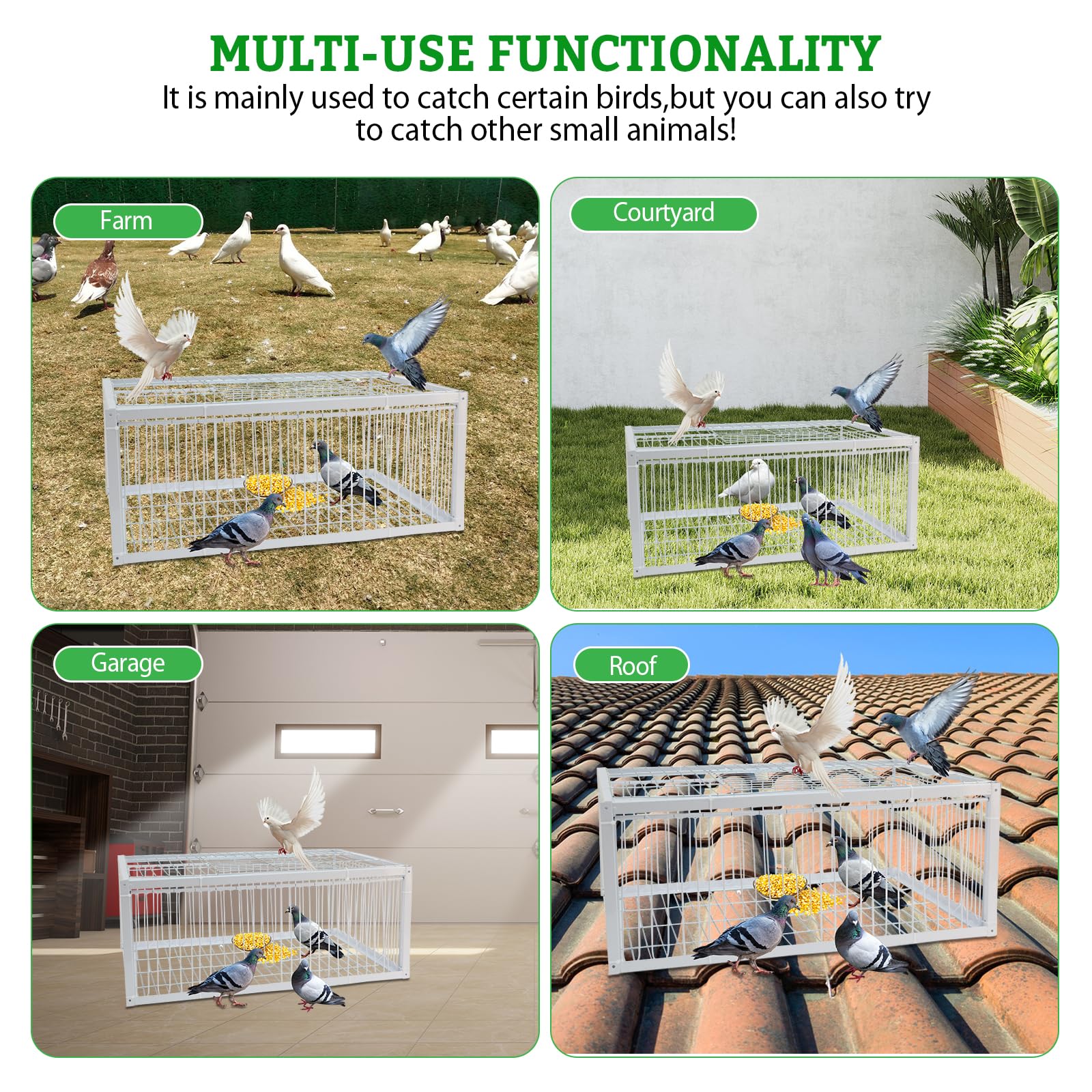 Gabbia per piccioni, gabbia per piccioni con ingresso unidirezionale su 4 lati e 1 lucernario per piccioni, pappagalli, parrocchetti e altri uccelli - 63x43x26 cm