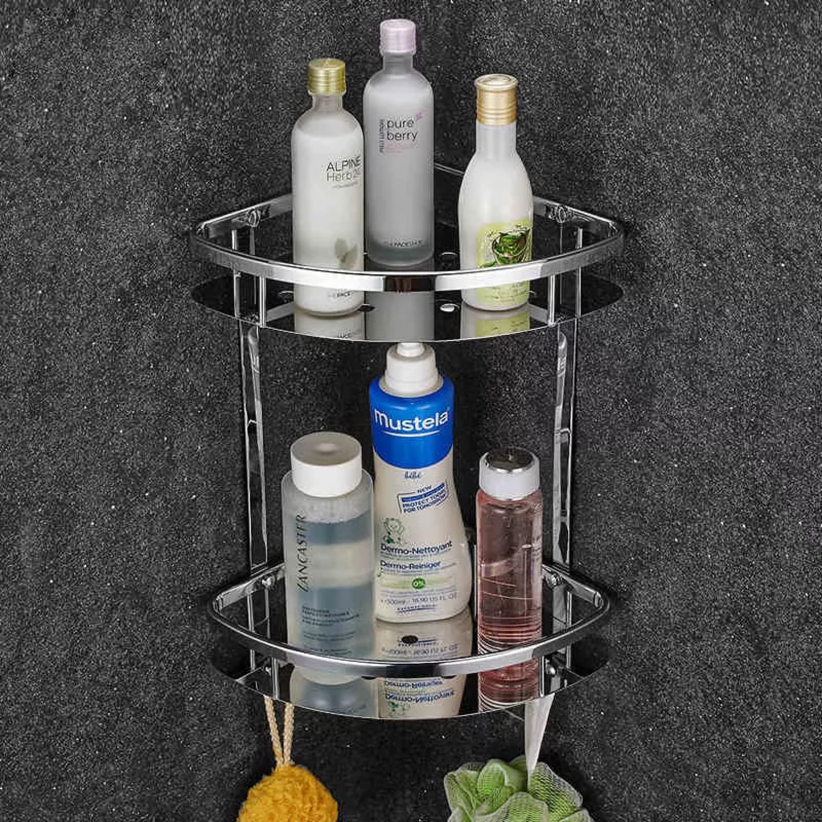 Estante de baño Divisor de baño Deluxe 304 de Acero Inoxidable de Doble Nivel, Ducha de Esquina, Cesta Brillante, Estante ordenado, Organizador de Almacenamiento