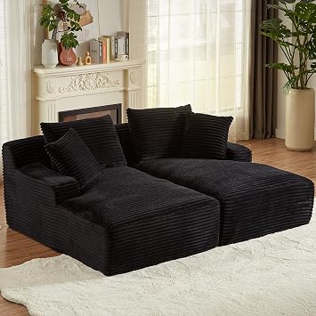 Oversized Double Chaise Lounge Chair, 78.8" Sectional Upholstered Deep Seat Cloud Couch, Modern Corduroy Loveseat Sleeper Chair Sofa Bed for Living Room Bedroom Apartment Indoor, Black