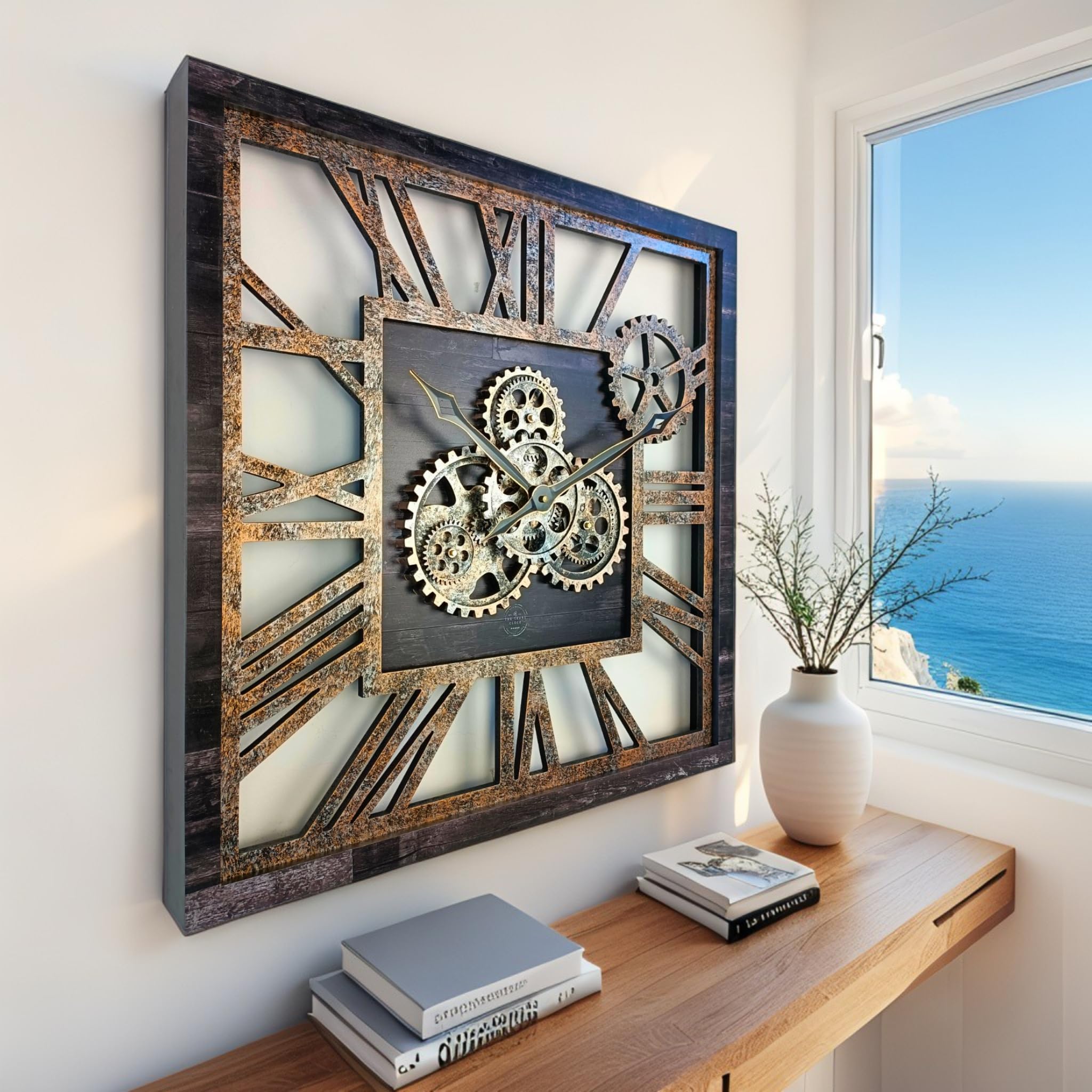 ImprovingLife The Gears Clock Horloge murale carrée de 61 cm à engrenages mobiles réels de style vintage industriel rustique surdimensionné (Noir vintage)